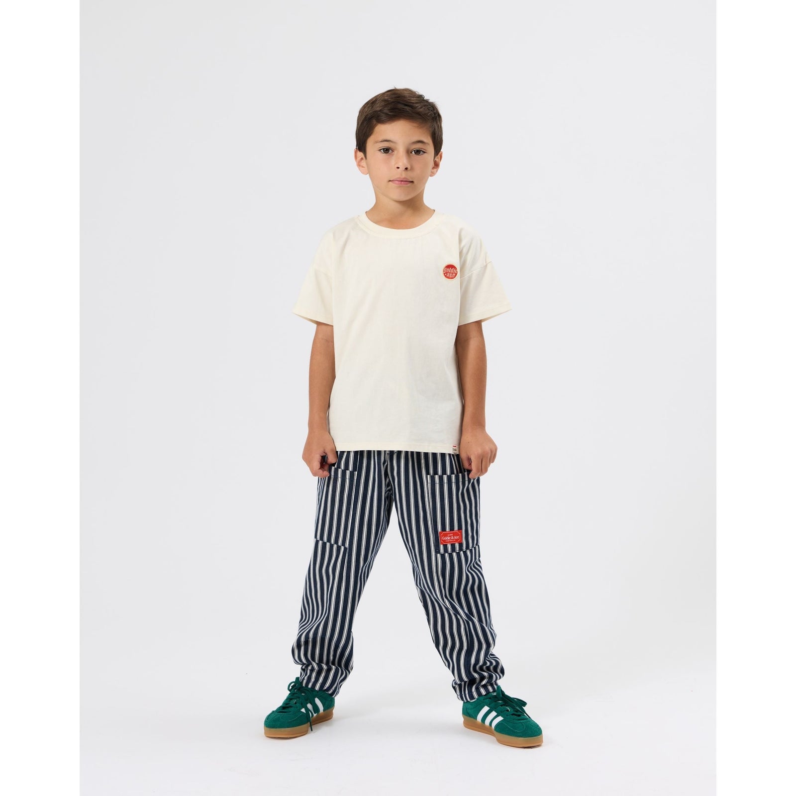 Child wearing Goldie & Ace Railroad Stripe Kit Pocket Pant, view 2