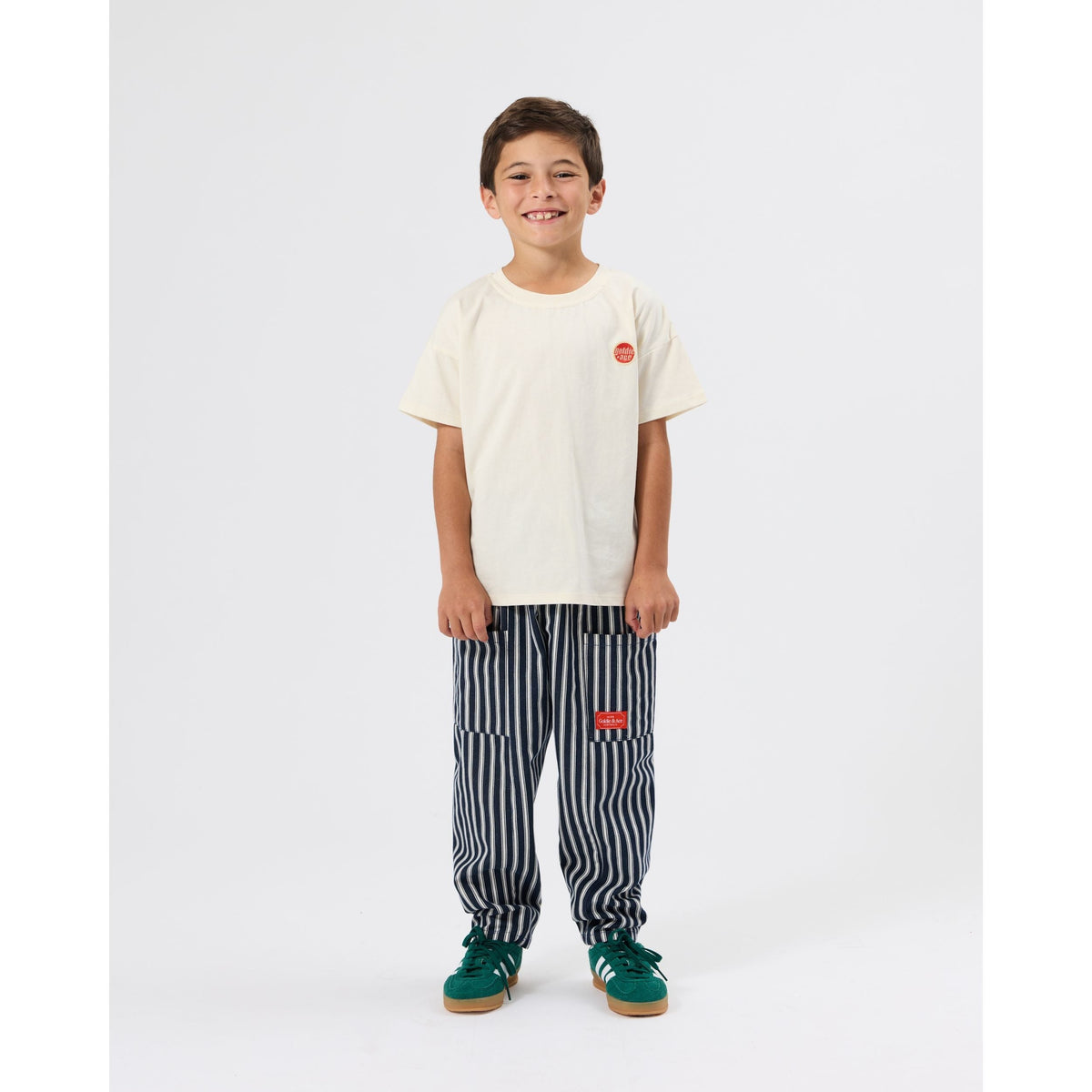 Child wearing Goldie & Ace Railroad Stripe Kit Pocket Pant, view 3