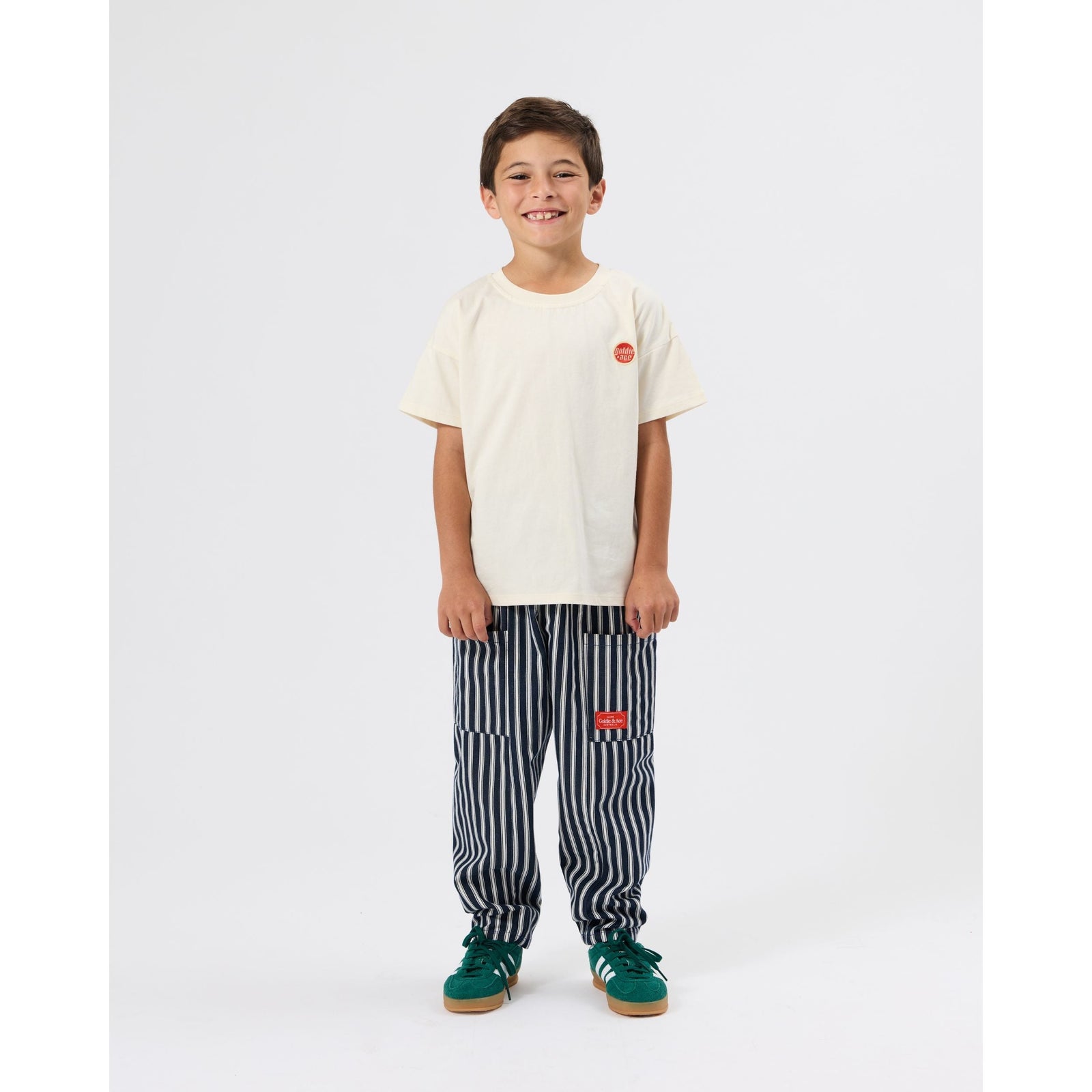 Child wearing Goldie & Ace Railroad Stripe Kit Pocket Pant, view 3