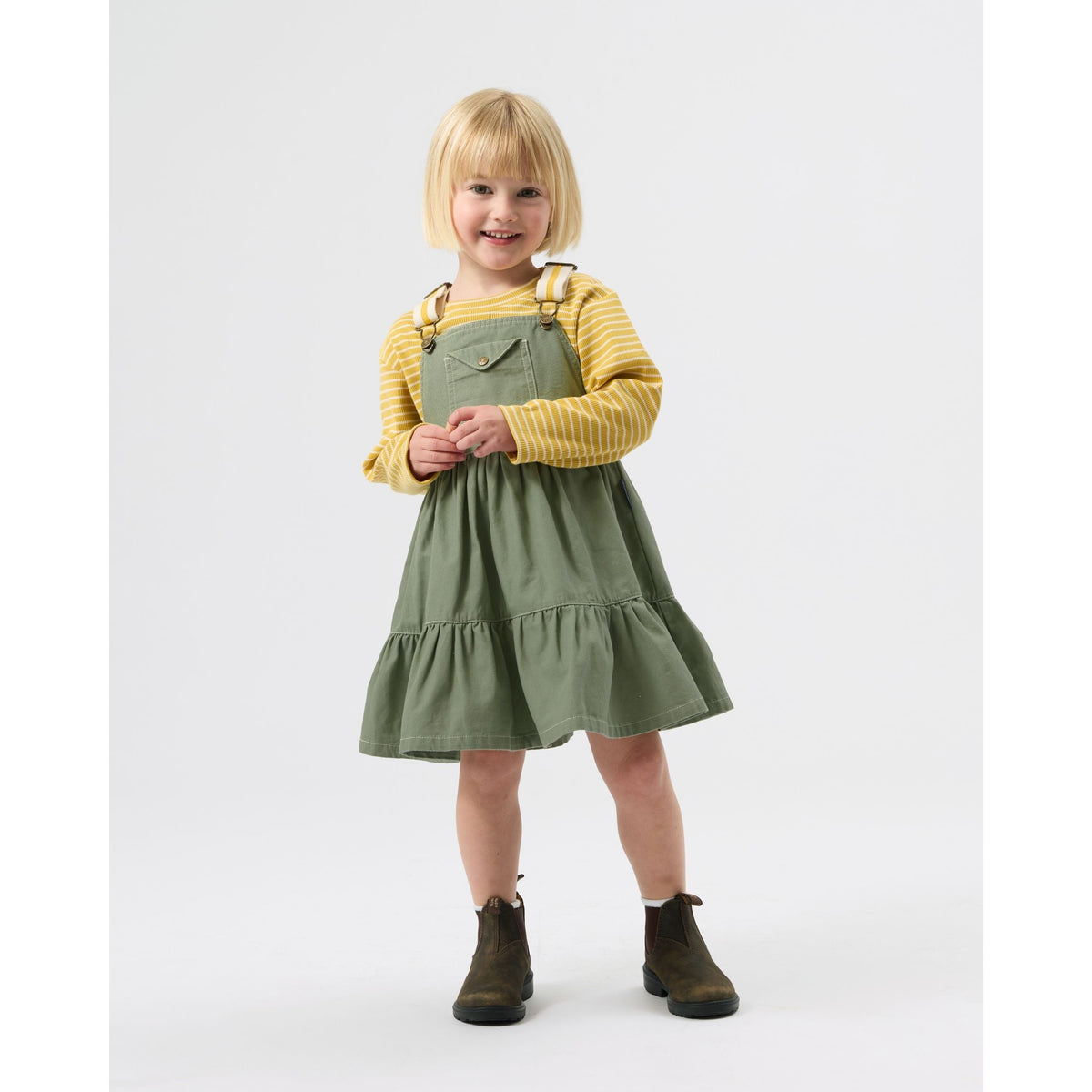 Child wearing Goldie & Ace Carpenter Utility Pinafore Dress, view 2