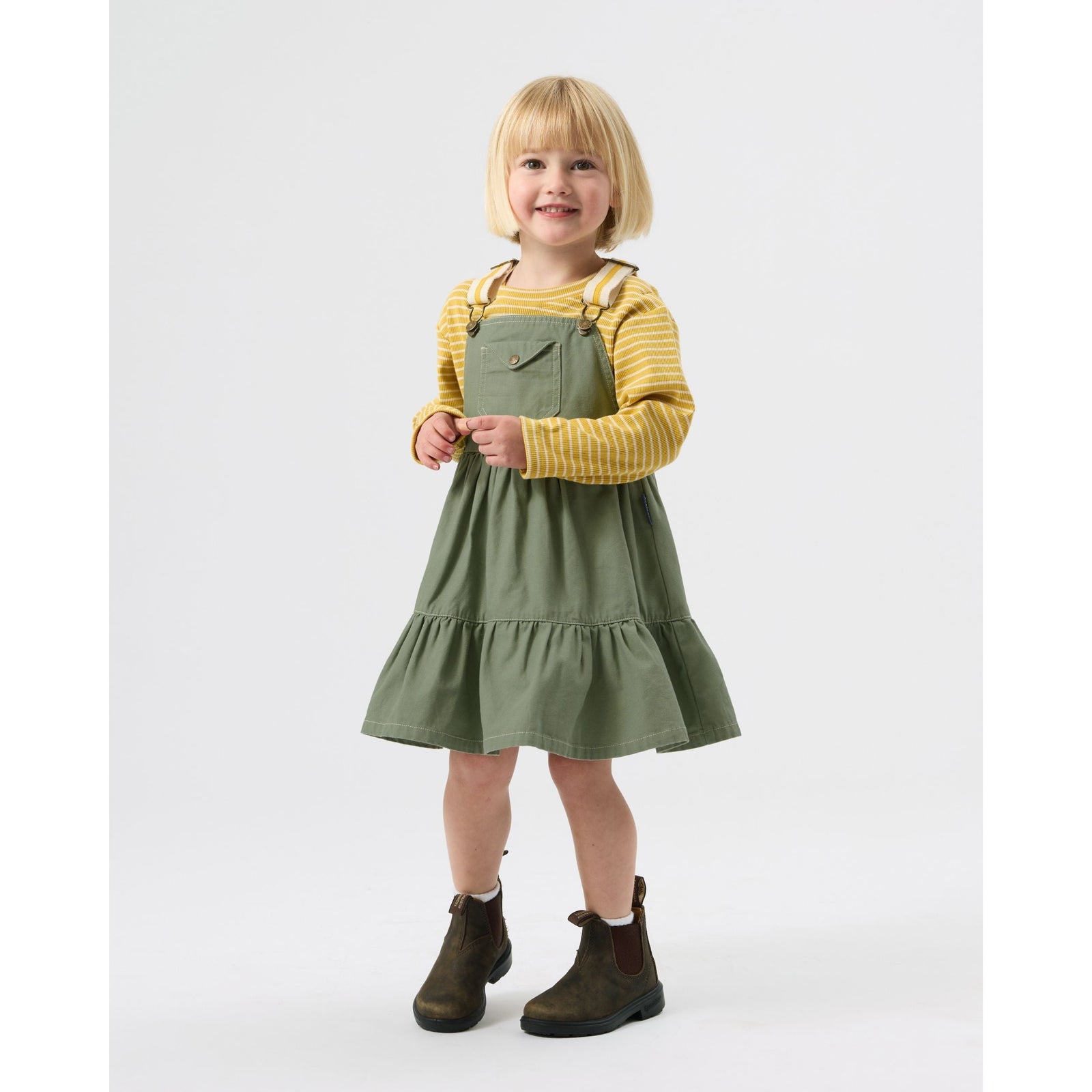 Child wearing Goldie & Ace Carpenter Utility Pinafore Dress