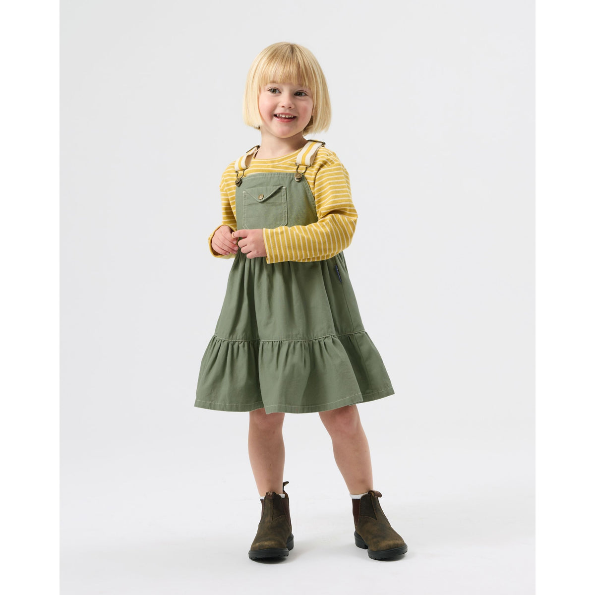 Child wearing Goldie & Ace Essential Stripe Rib Top Yellow, view 3