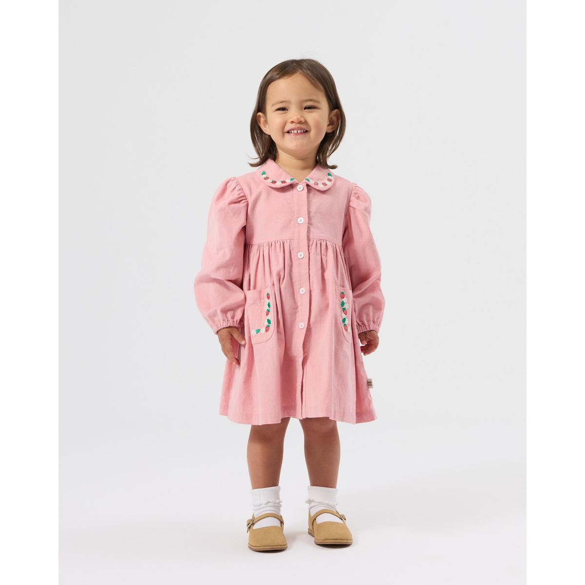 Child wearing Goldie & Ace Wild Strawberry Corduroy Collar Dress
