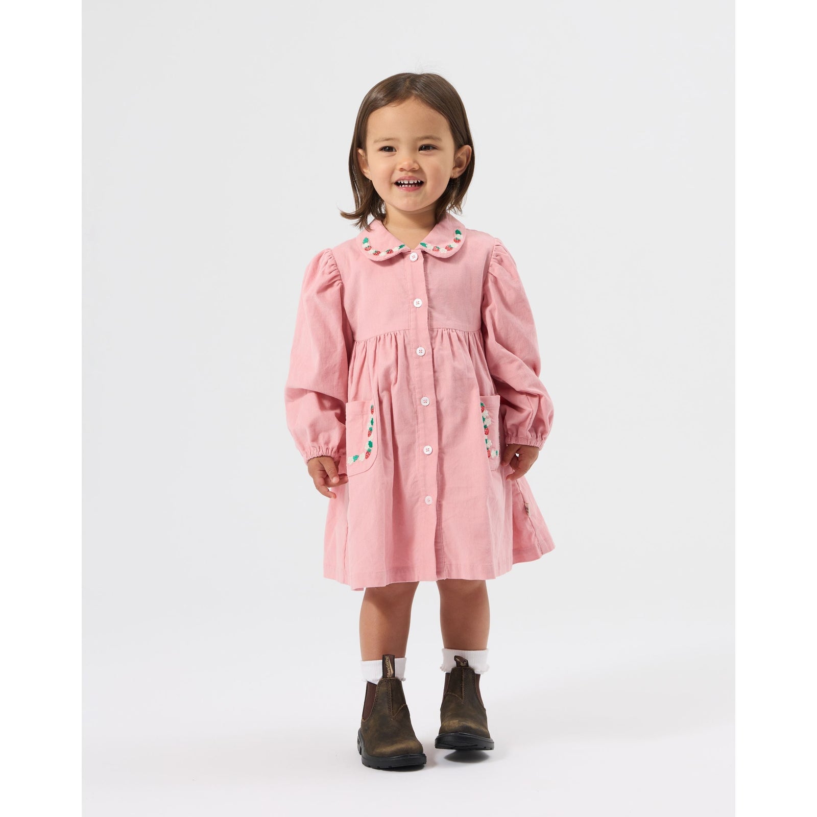 Child wearing Goldie & Ace Wild Strawberry Corduroy Collar Dress, view 3