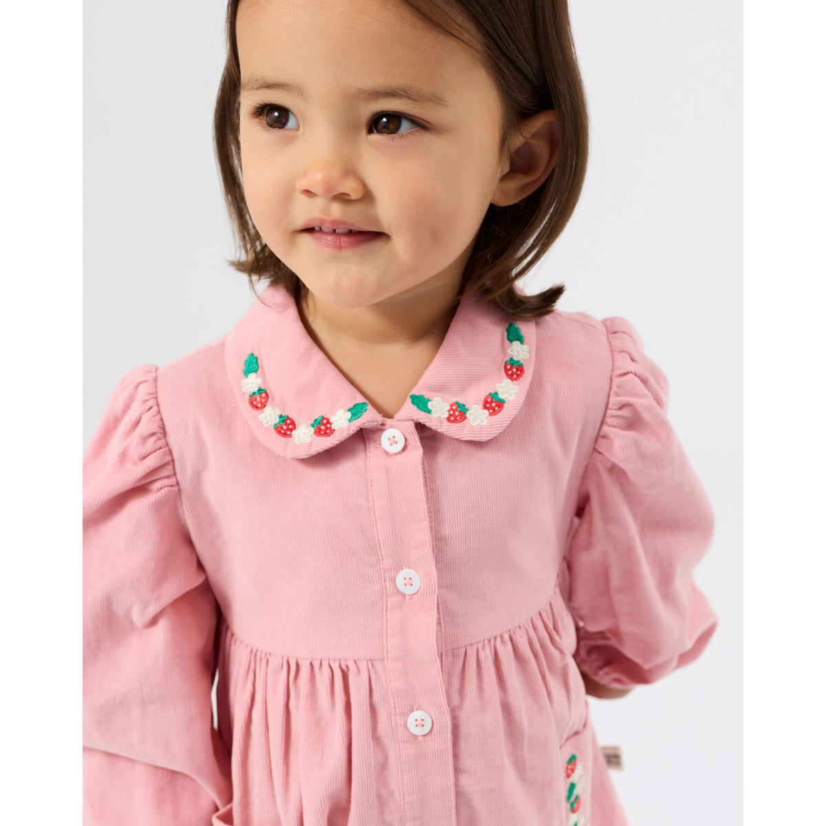 Child wearing Goldie & Ace Wild Strawberry Corduroy Collar Dress, view 2