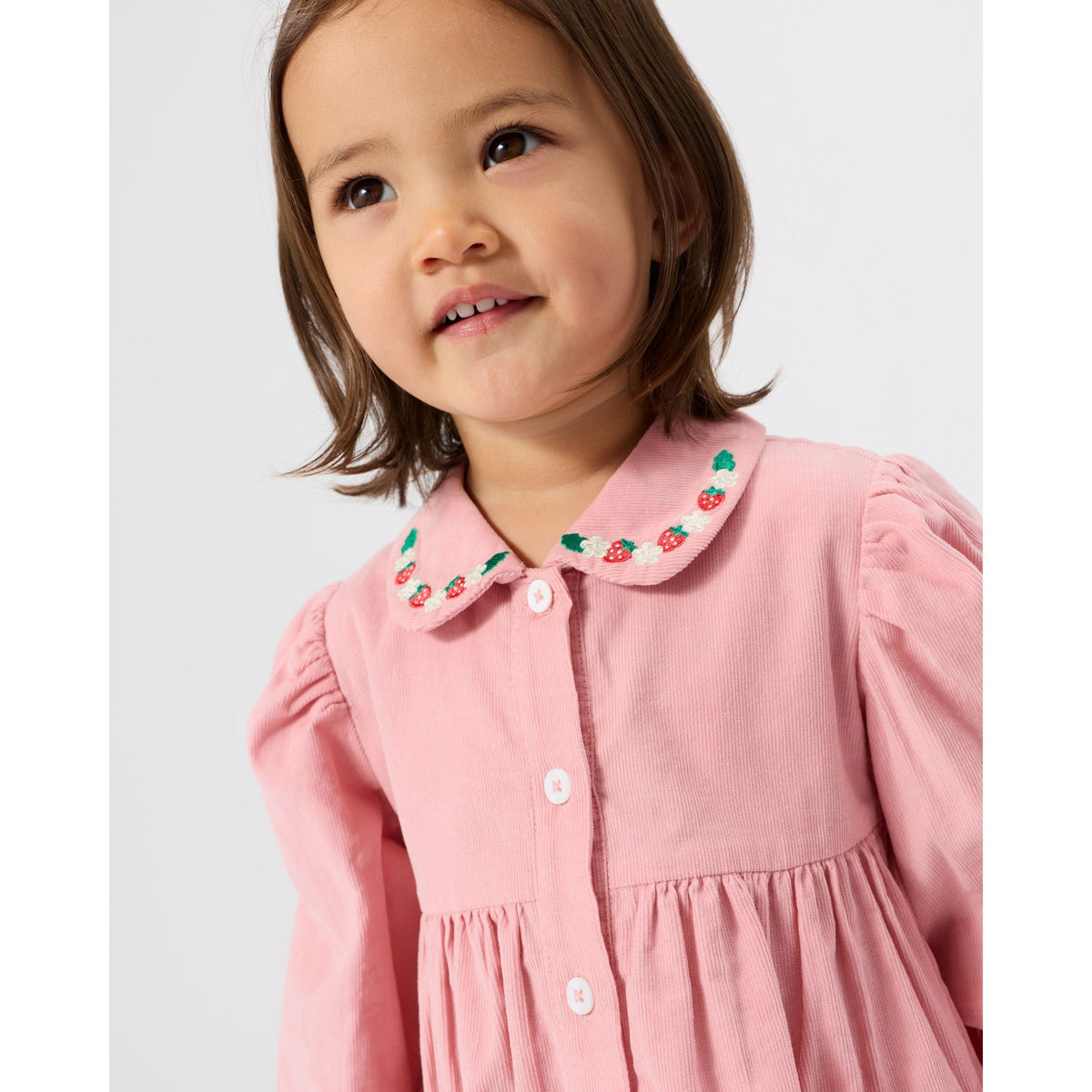 Child wearing Goldie & Ace Wild Strawberry Corduroy Collar Dress, view 4