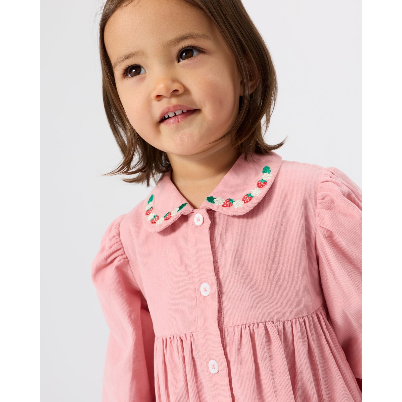 Child wearing Goldie & Ace Wild Strawberry Corduroy Collar Dress, view 4