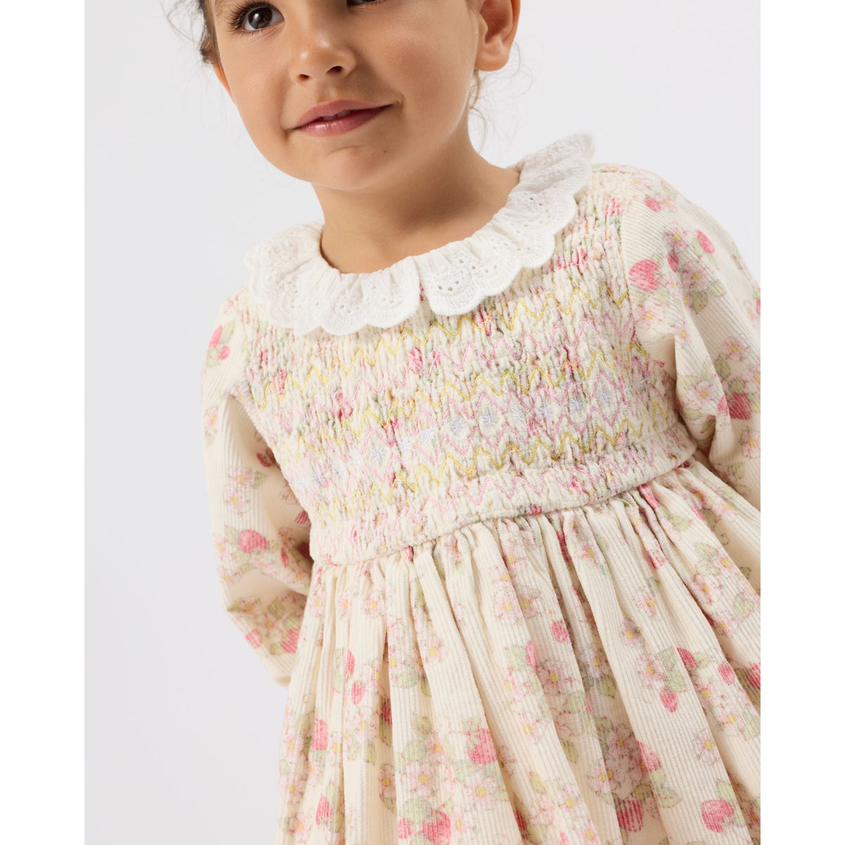 Child wearing Goldie & Ace Strawberry Fields Smocked Dress, view 2