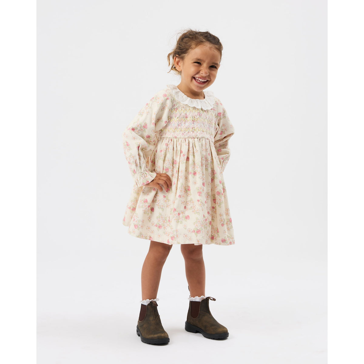 Child wearing Goldie & Ace Strawberry Fields Smocked Dress, view 5
