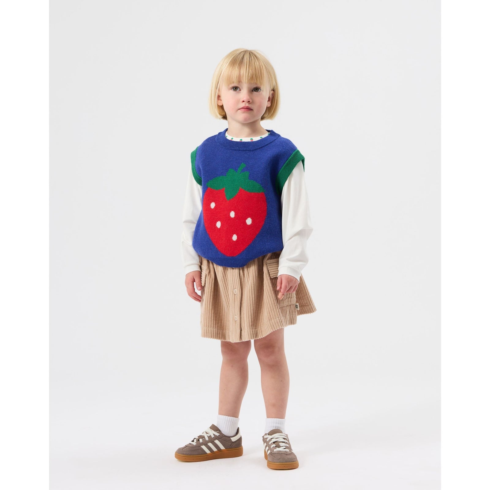 Child wearing Goldie & Ace Jumbo Strawberry Knit Vest