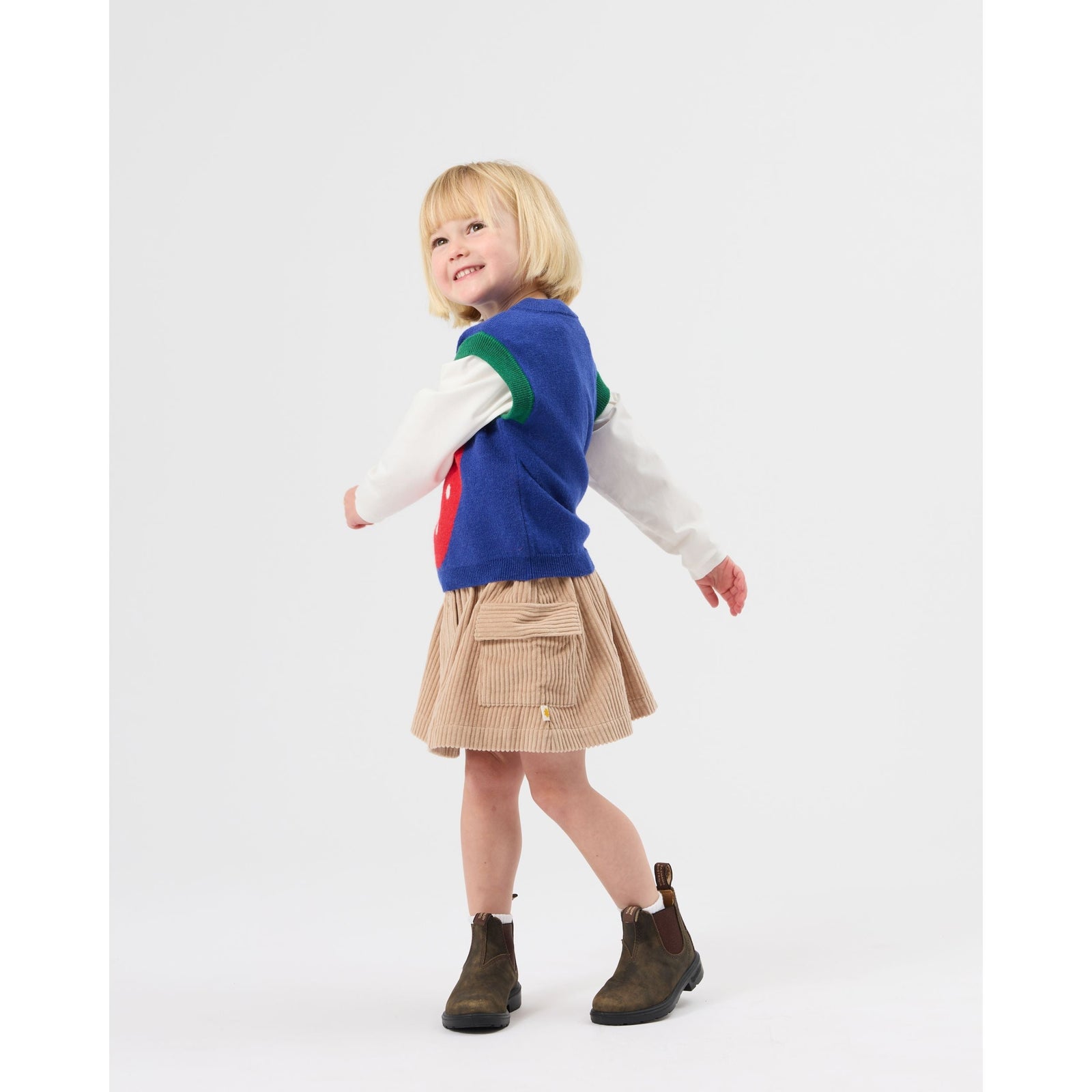 Child wearing Goldie & Ace Jumbo Strawberry Knit Vest, view 2