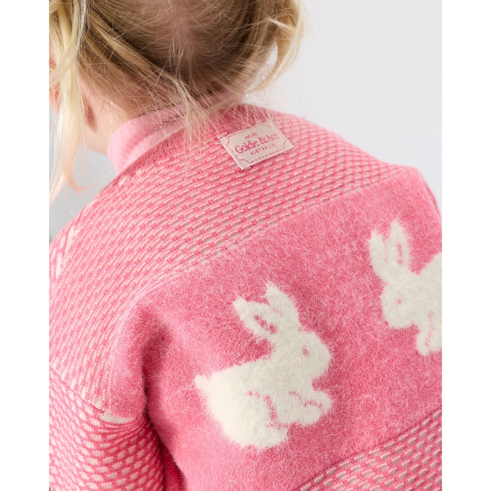 Child wearing Goldie & Ace Bunny Knit Cardigan, view 4