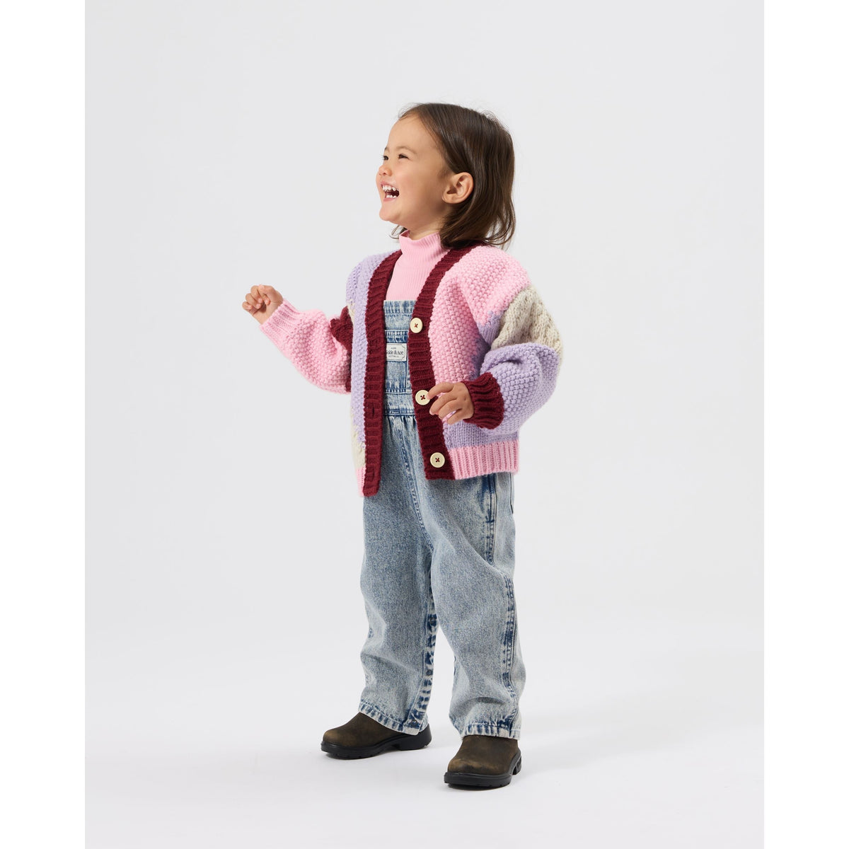 Child wearing Goldie & Ace Austin Vintage Washed Denim Overalls Light Denim, view 3