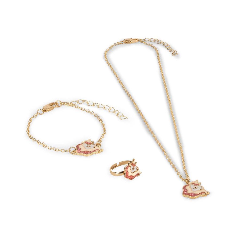 A gold-toned jewelry set featuring a necklace, bracelet, and ring, each adorned with a small unicorn charm in pink and white enamel, displayed on a clean white background.
