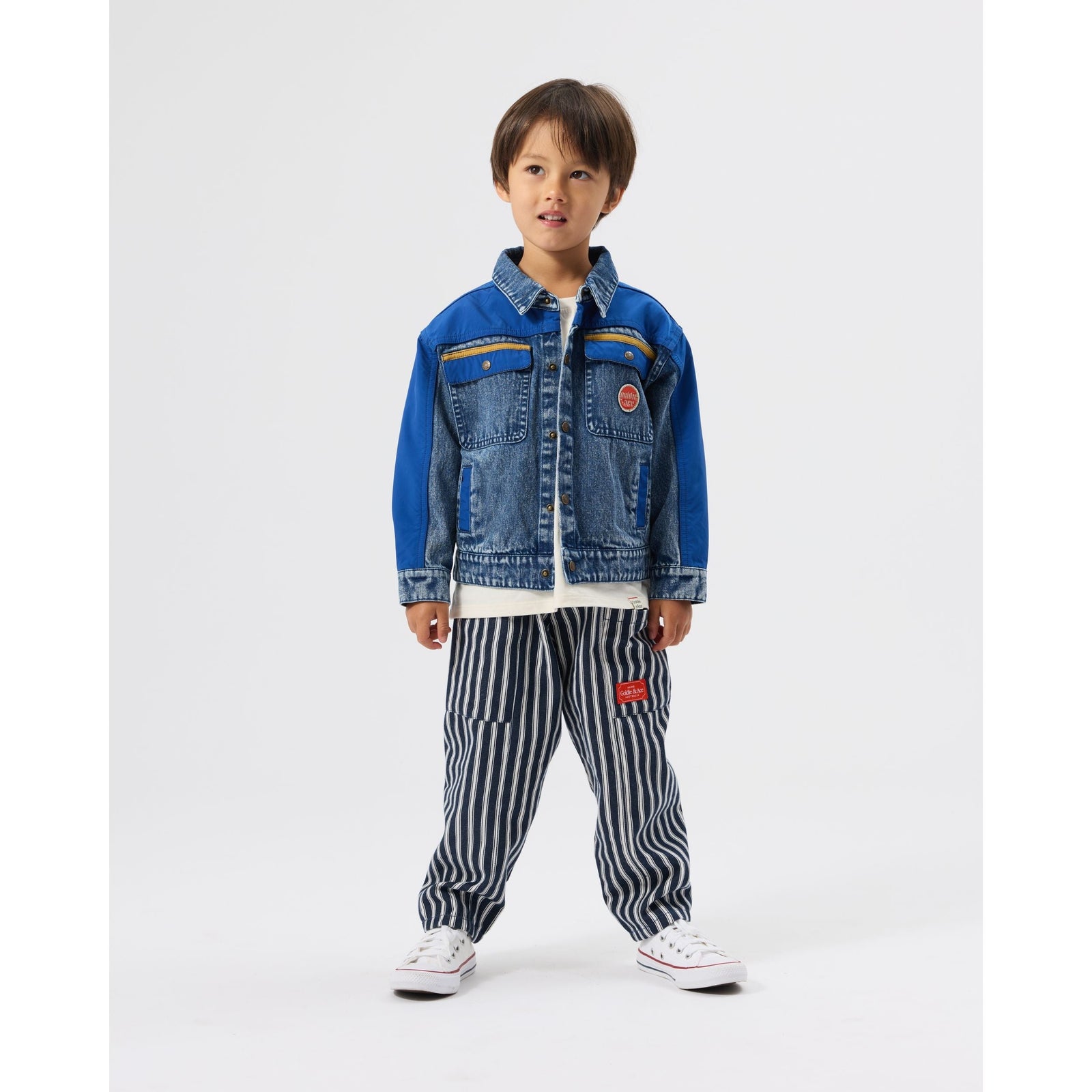 Child wearing Goldie & Ace Railroad Stripe Kit Pocket Pant