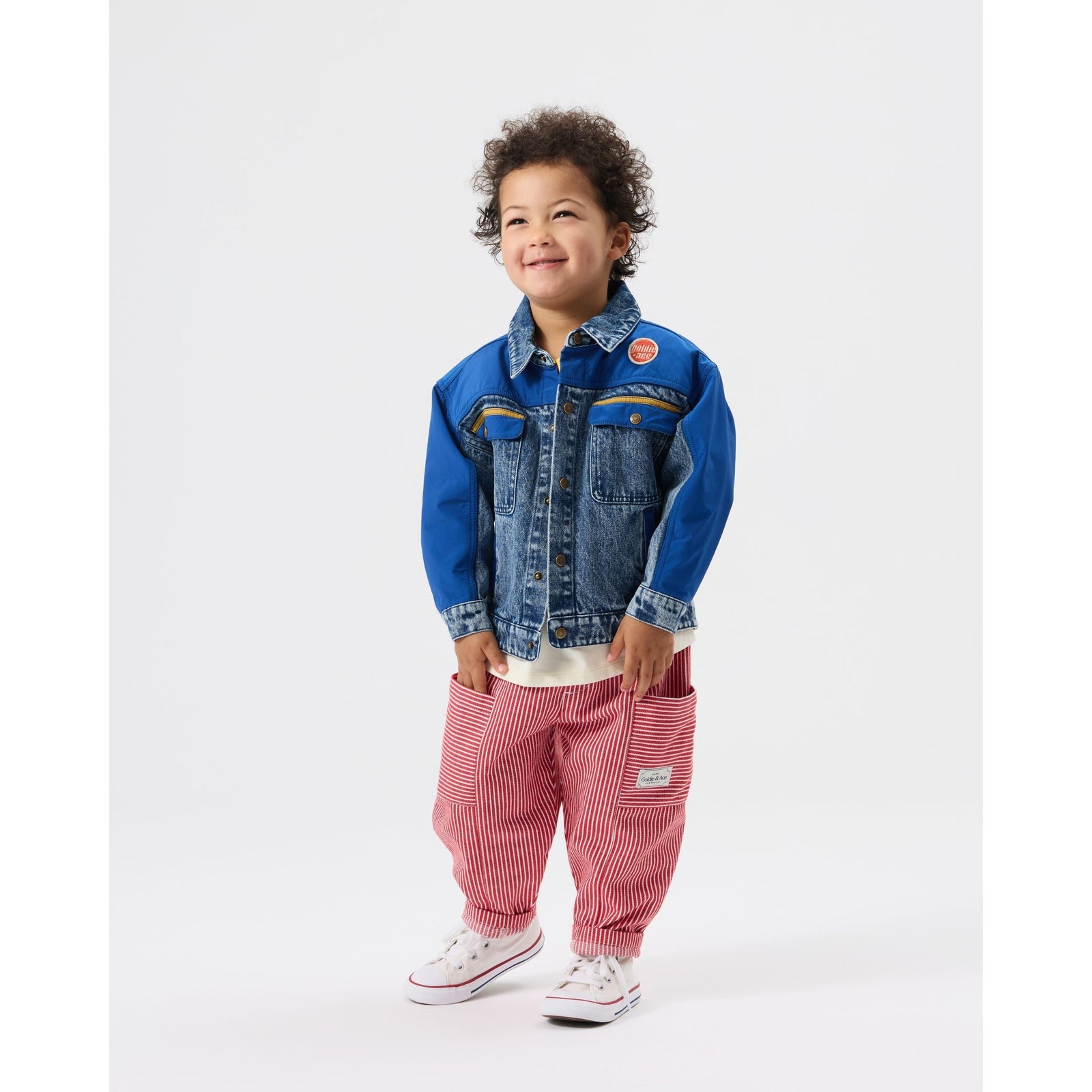 Child wearing Goldie & Ace Colour Block Vintage Denim Jacket, view 2