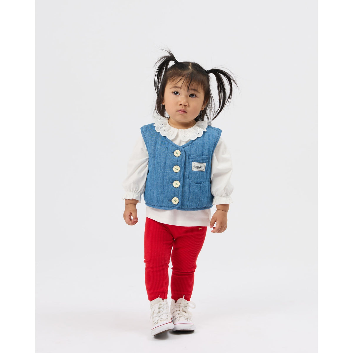 Child wearing Goldie & Ace Bowie Rib Legging Red, view 3