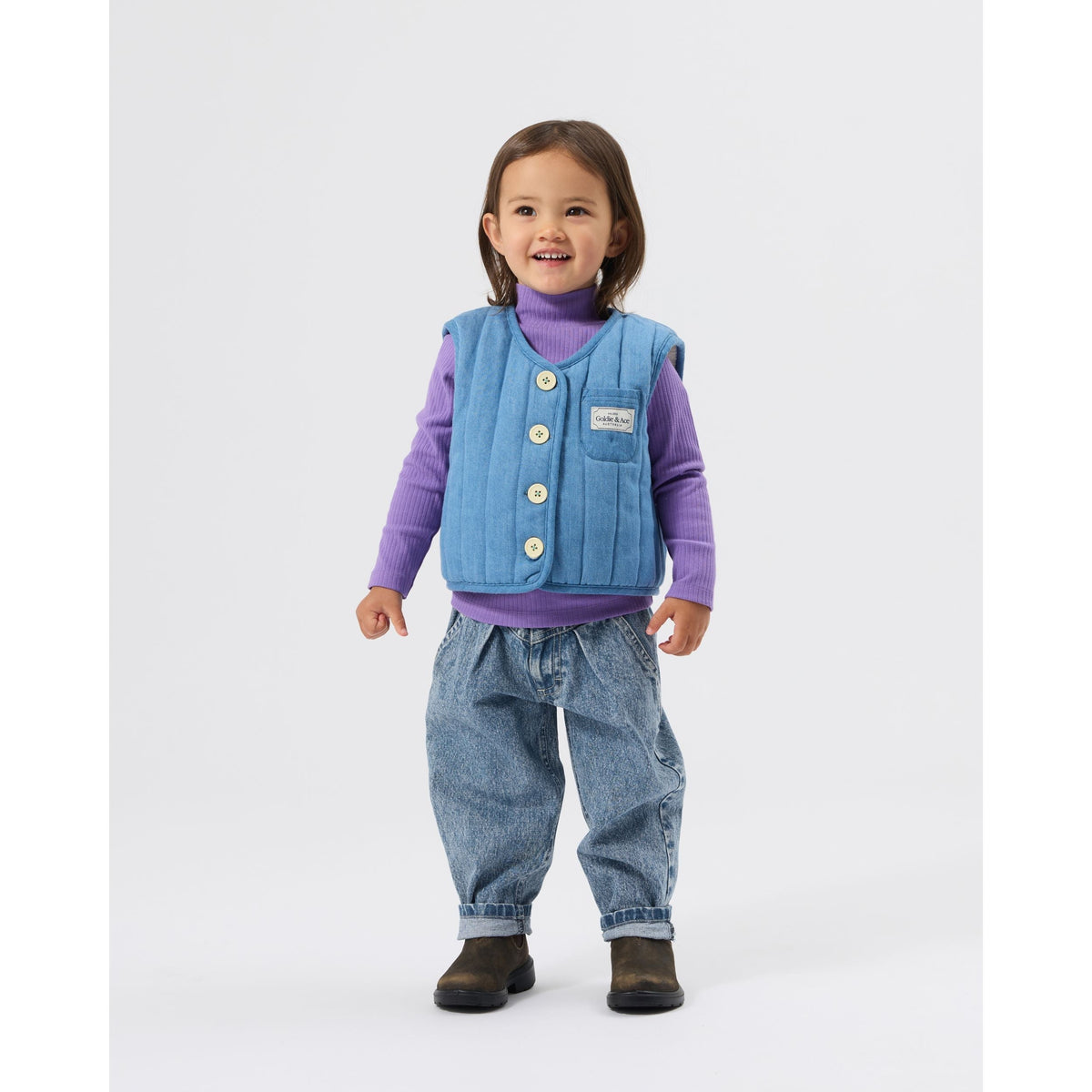 Child wearing Goldie & Ace Reversible Chambray Button Vest, view 3