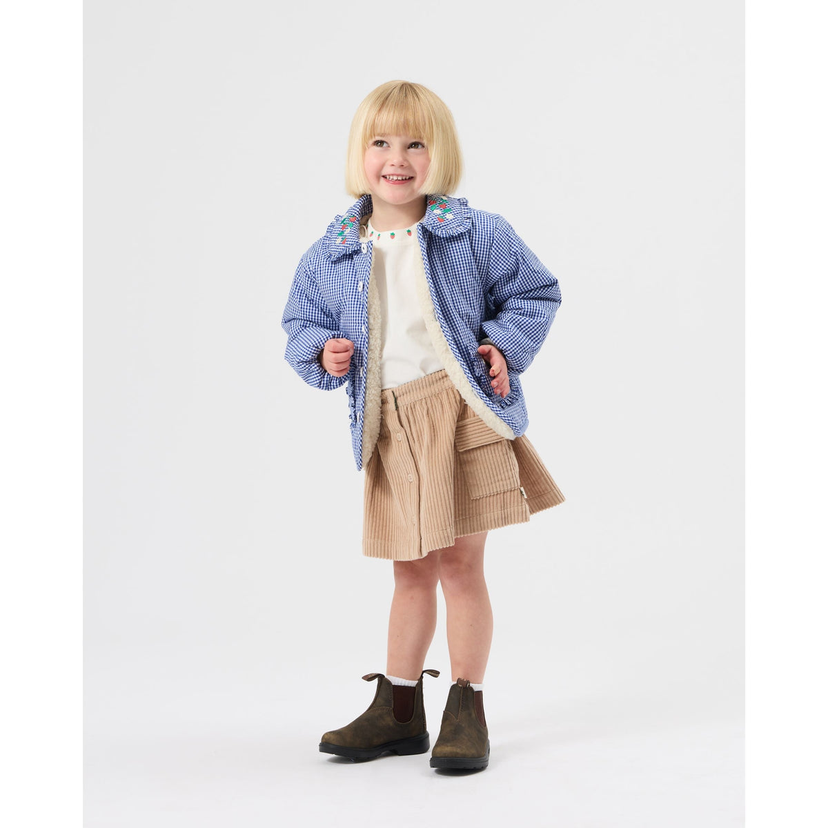 Child wearing Goldie & Ace Wild Strawberry Gingham Padded Jacket