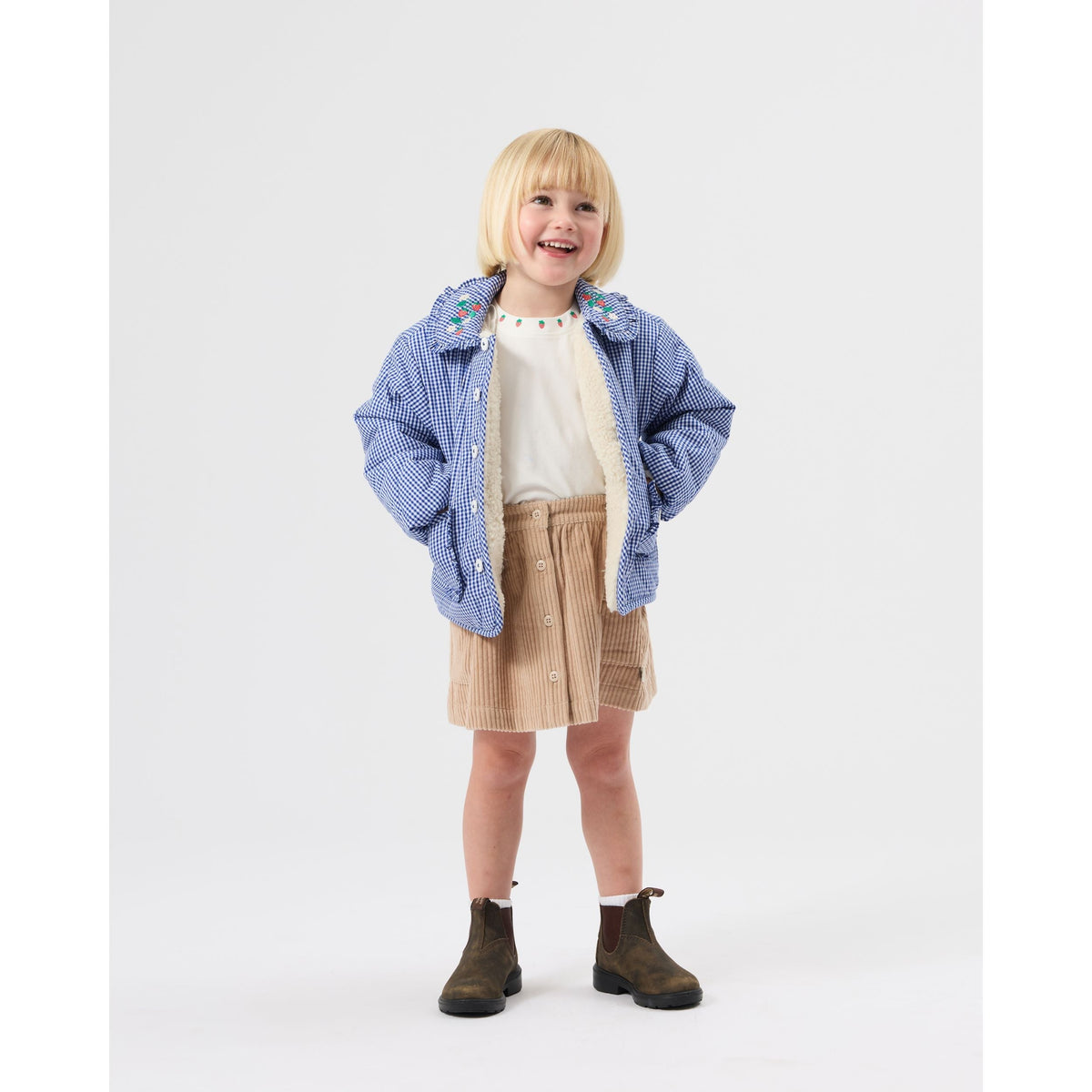Child wearing Goldie & Ace Wild Strawberry Gingham Padded Jacket, view 3