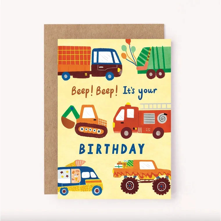 Vehicles Happy Birthday Card - Cute Kids Trucks