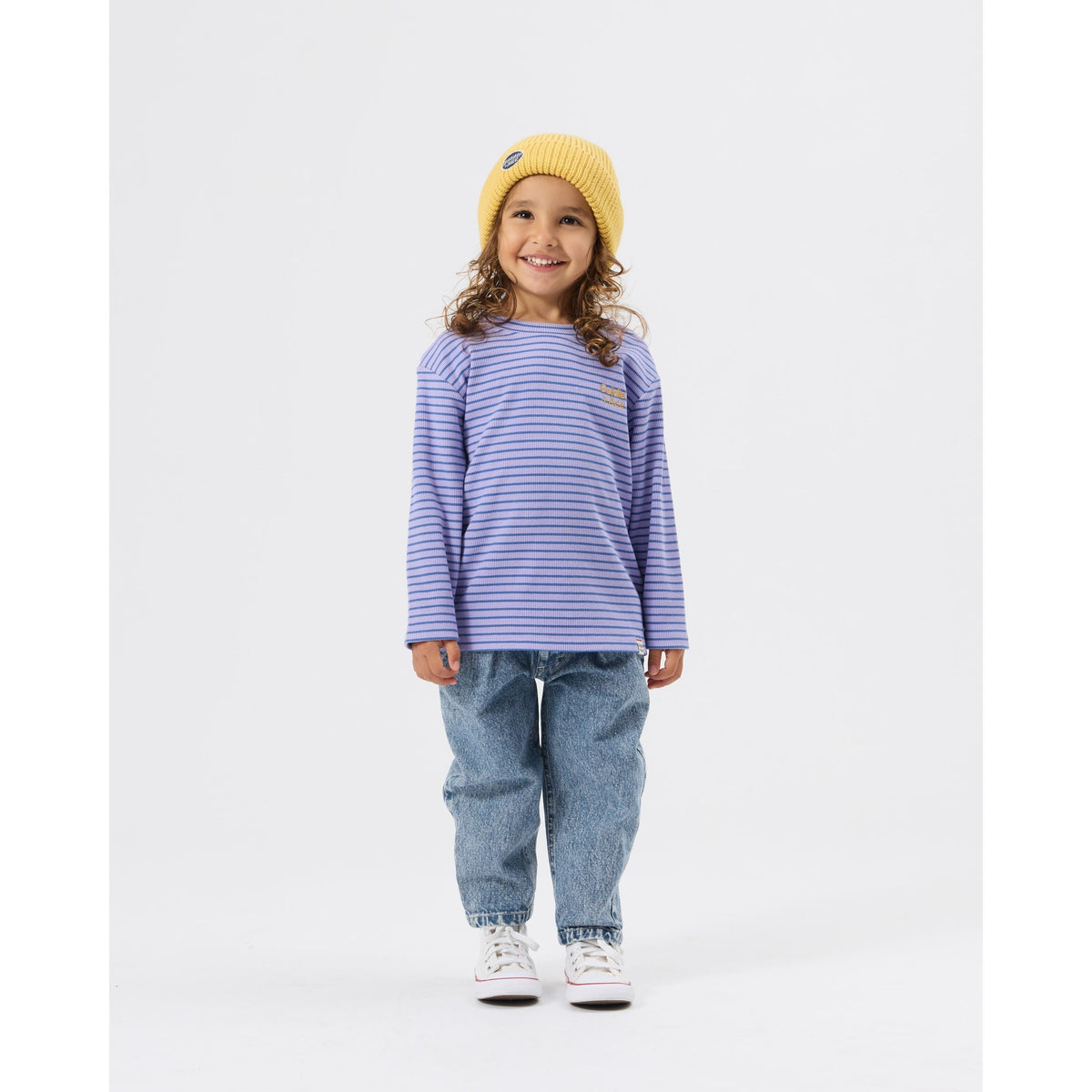 Child wearing Goldie & Ace Essential Stripe Rib Top Purple