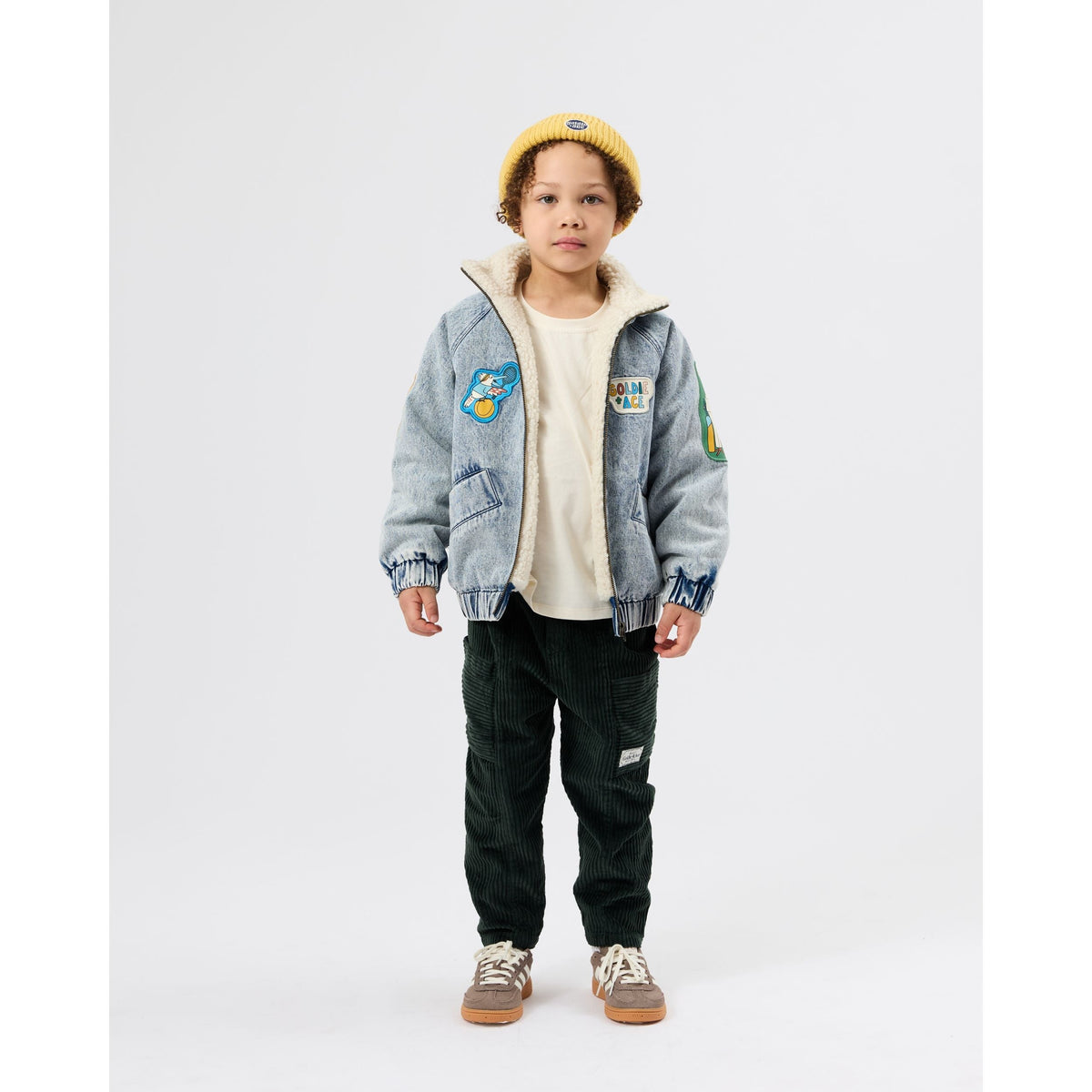 Child wearing Goldie & Ace Ari Denim Sherpa Jacket, view 2