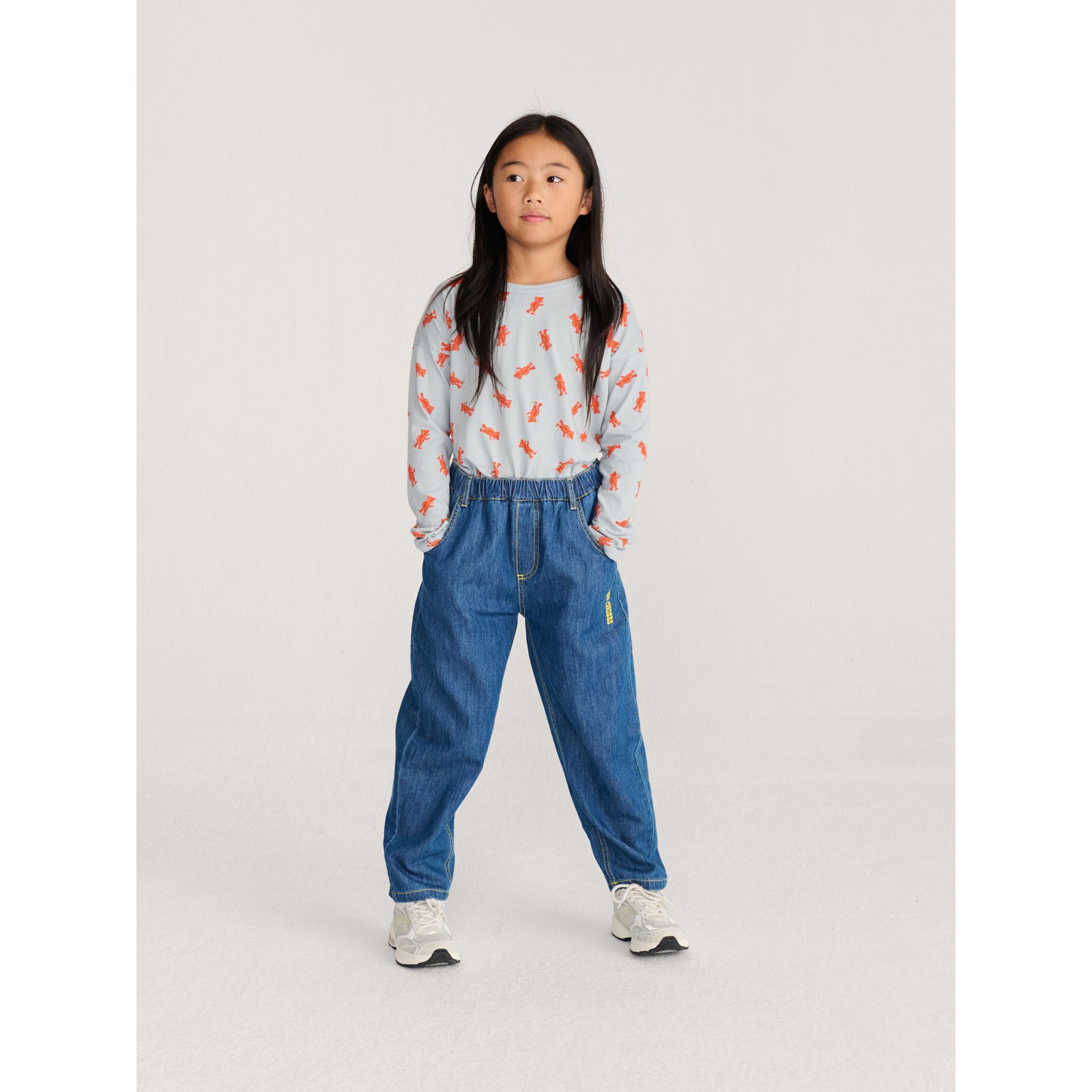 Bobo Choses Taxi Saurus Tag Denim Pants, All About Monsters collection, view 7