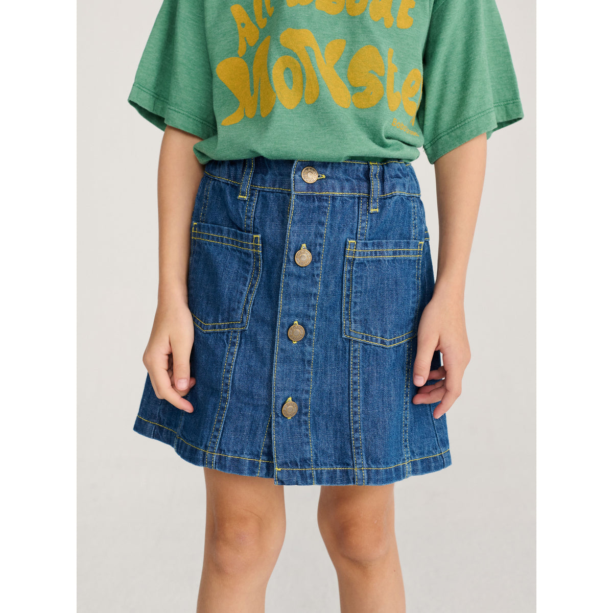 Bobo Choses Booo Bo Choses Tag Denim Skirt, All About Monsters collection, view 3