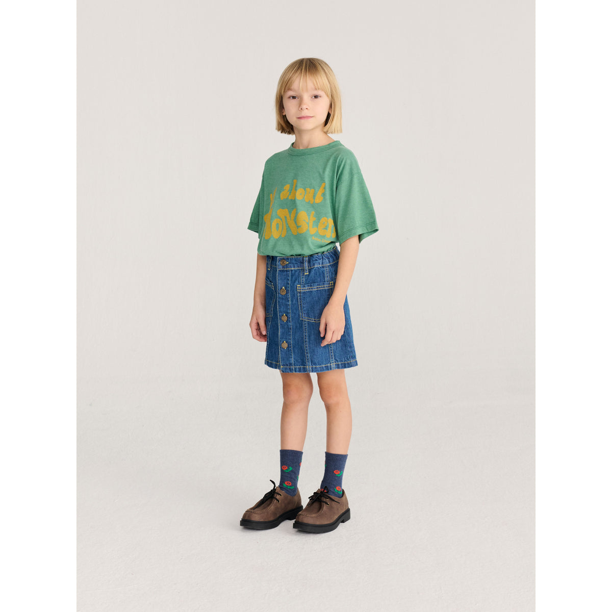 Bobo Choses Booo Bo Choses Tag Denim Skirt, All About Monsters collection, view 5