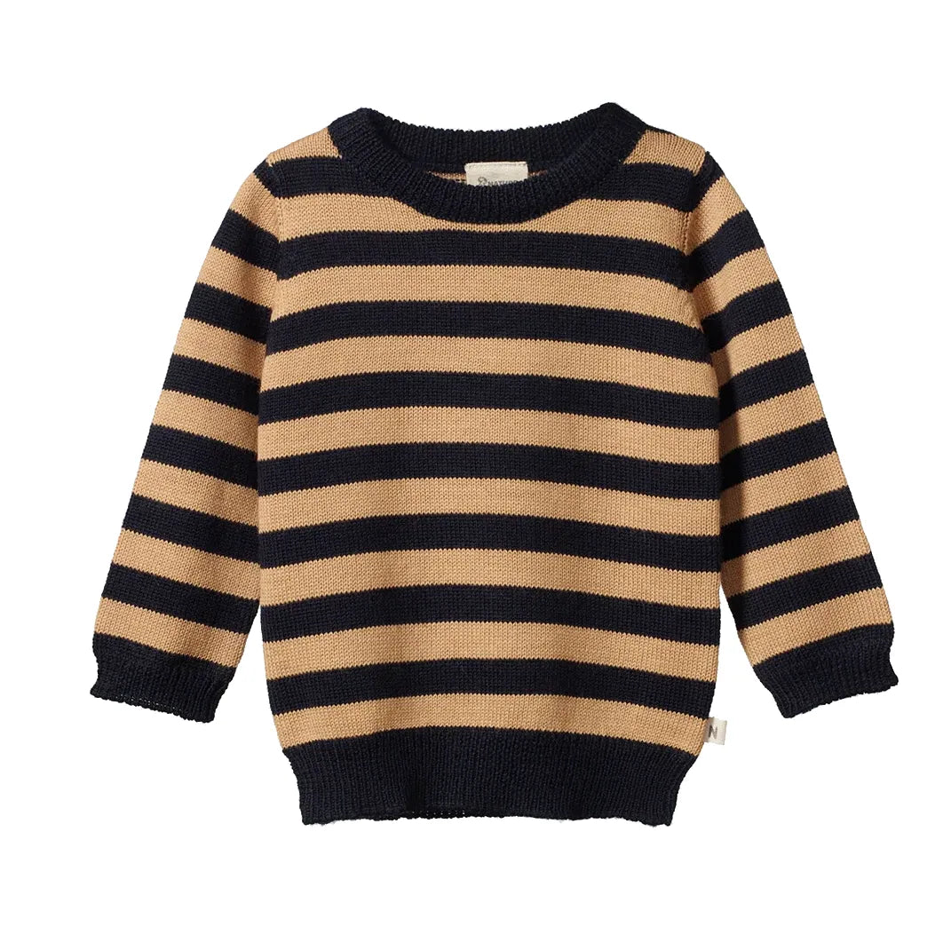 Merino Knit Pullover - Navy/Caramel Stripe