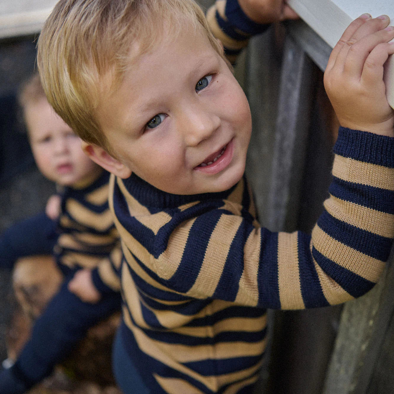 Merino Knit Pullover - Navy/Caramel Stripe
