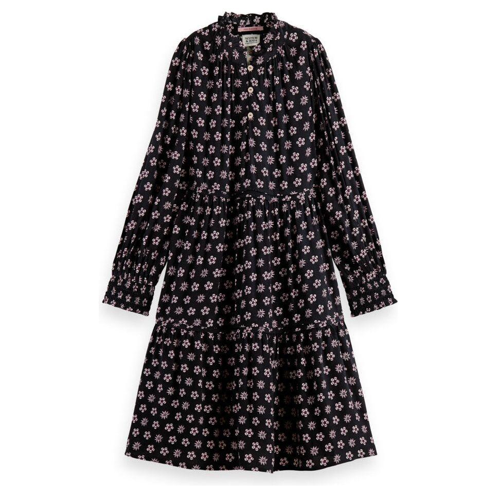 Long-Sleeved Printed Midi Dress - Night Patchwork Flower