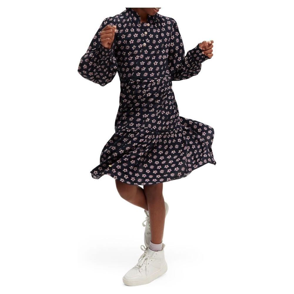 Long-Sleeved Printed Midi Dress - Night Patchwork Flower