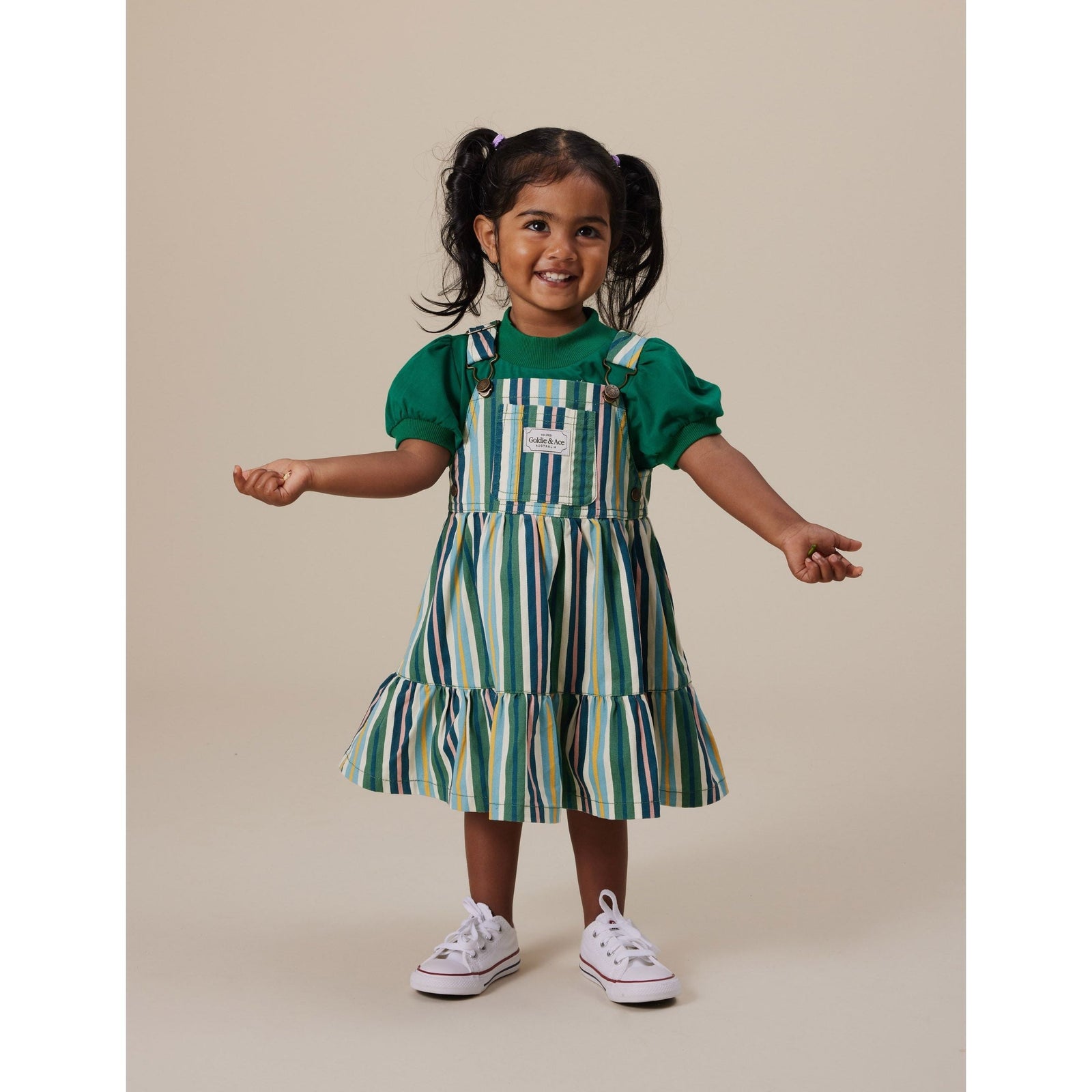 Tully Tiered Pinafore Dress Stripe Evergreen Stripe