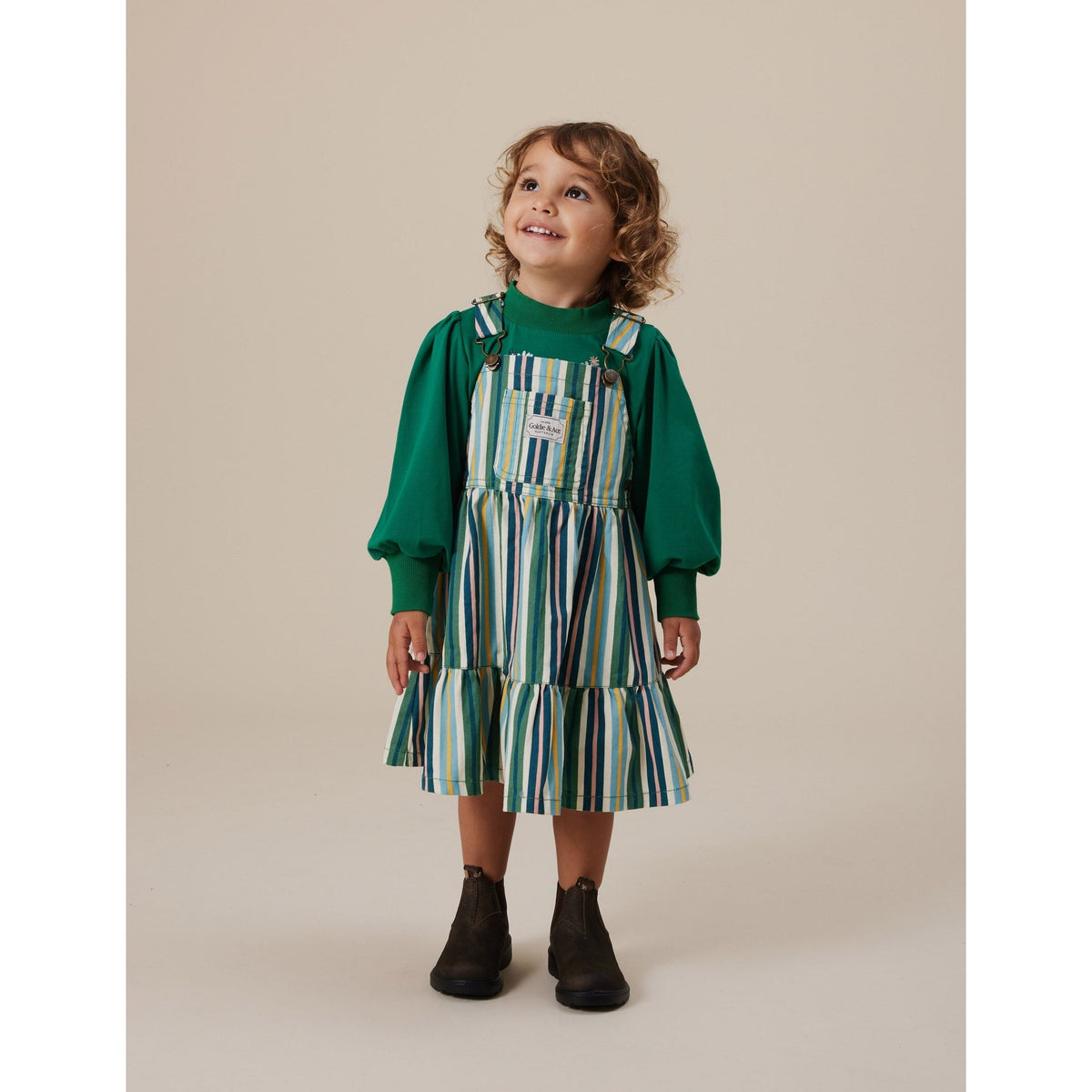 Tully Tiered Pinafore Dress Stripe Evergreen Stripe
