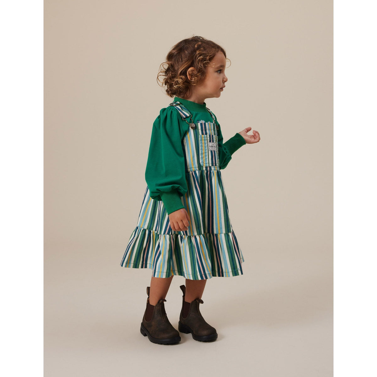 Tully Tiered Pinafore Dress Stripe Evergreen Stripe