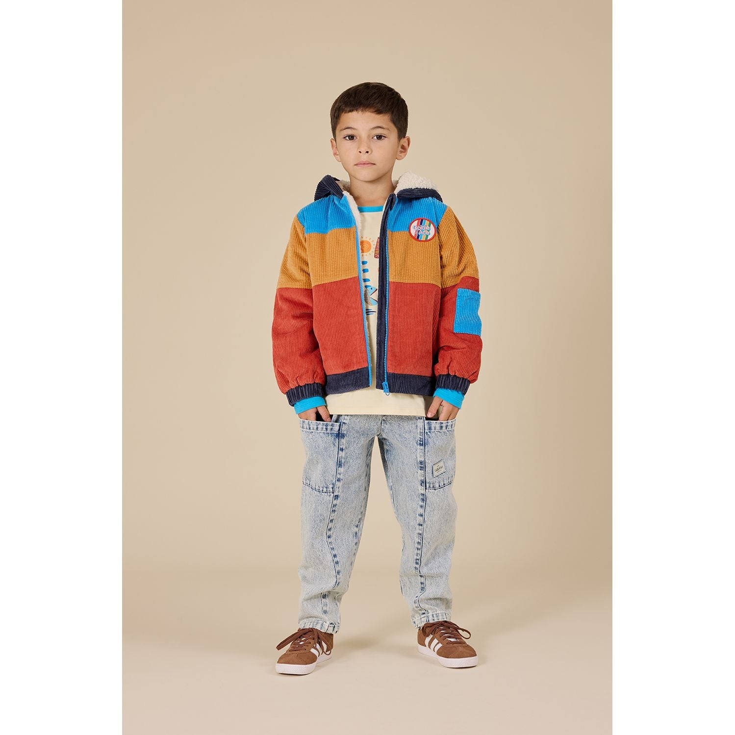 Child wearing Goldie & Ace Retro Corduroy Colourblock Jacket, view 2