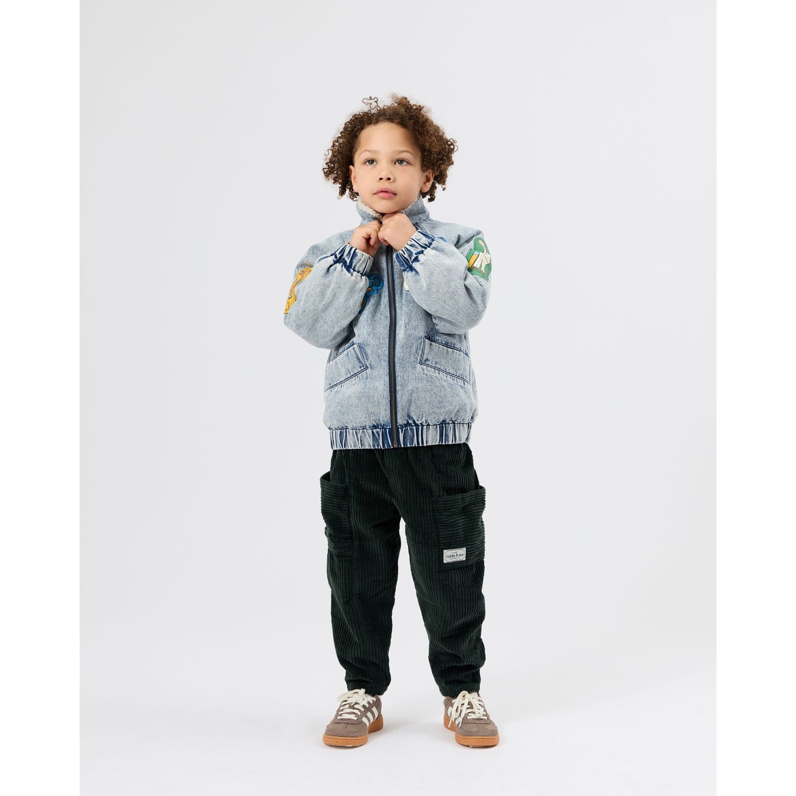 Child wearing Goldie & Ace Ari Denim Sherpa Jacket, view 3