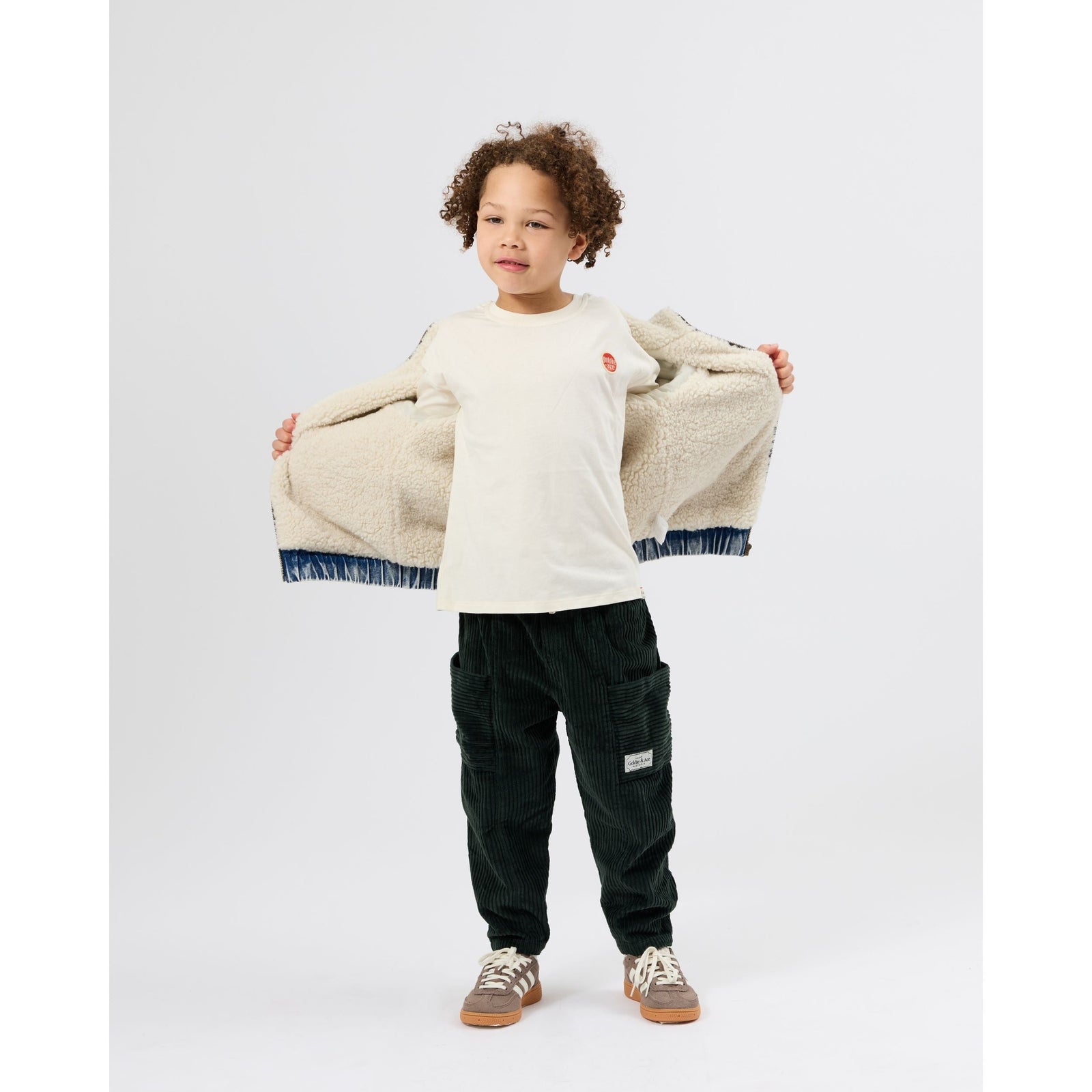 Child wearing Goldie & Ace Ari Denim Sherpa Jacket, view 4
