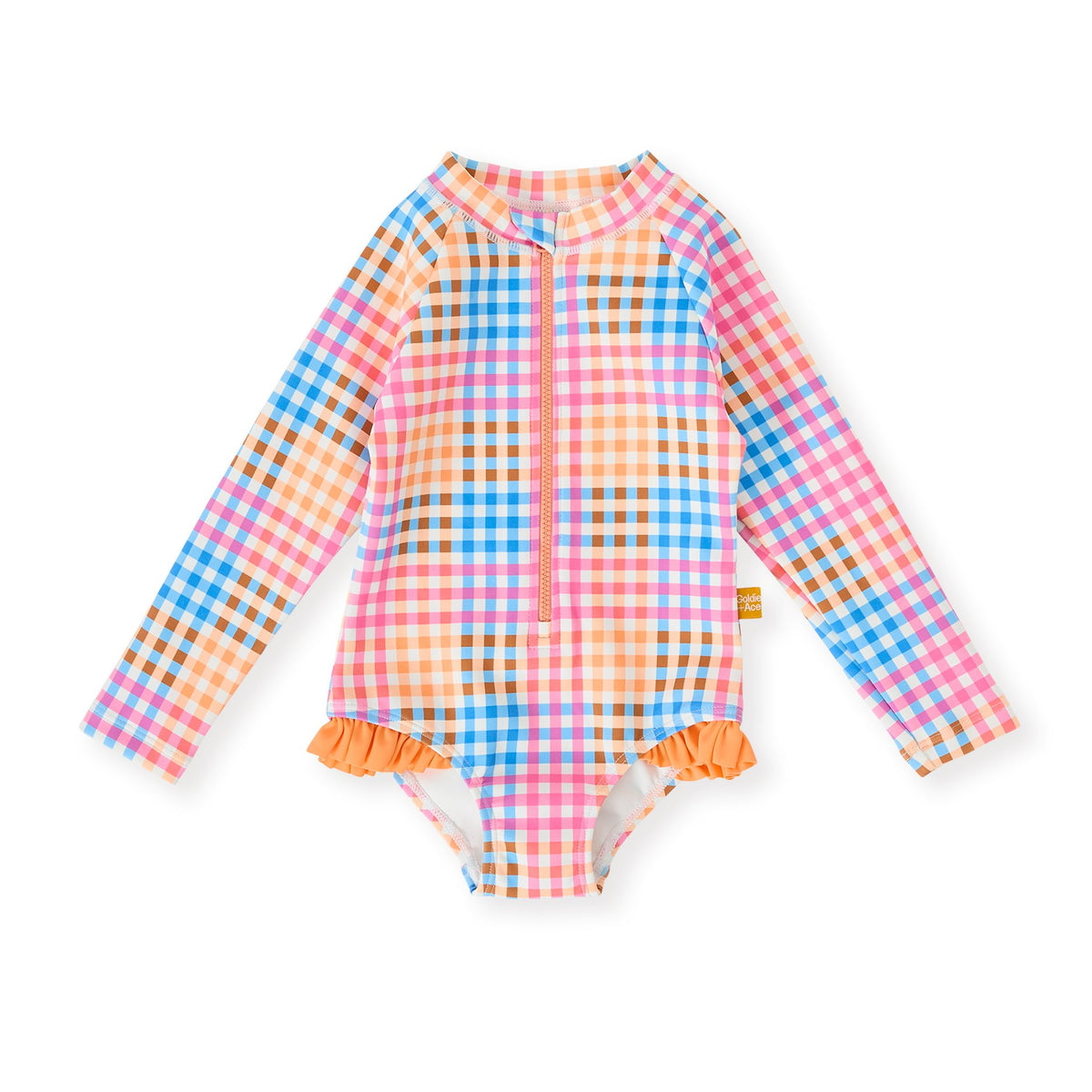 Rainbow Gingham Long Sleeve Frill Swimsuit