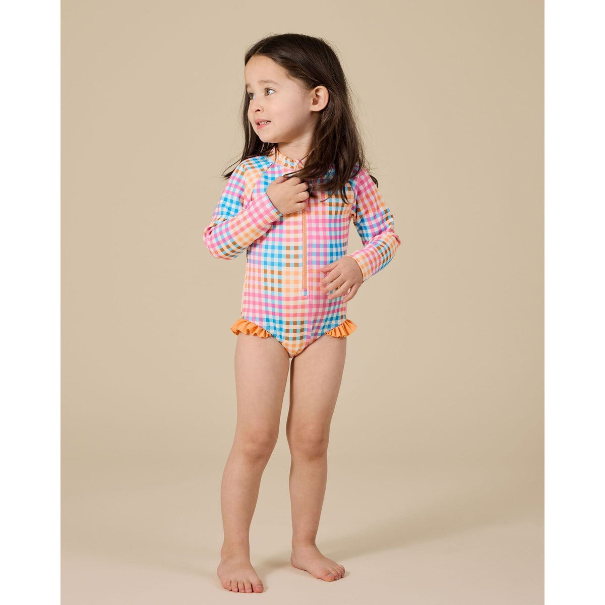 Rainbow Gingham Long Sleeve Frill Swimsuit