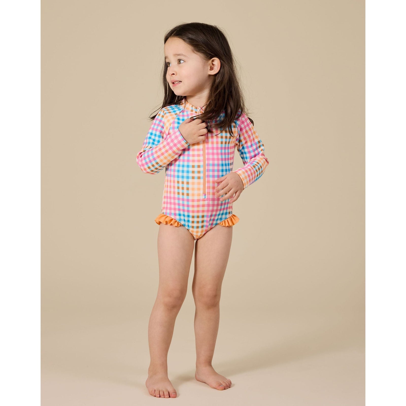 Rainbow Gingham Long Sleeve Frill Swimsuit
