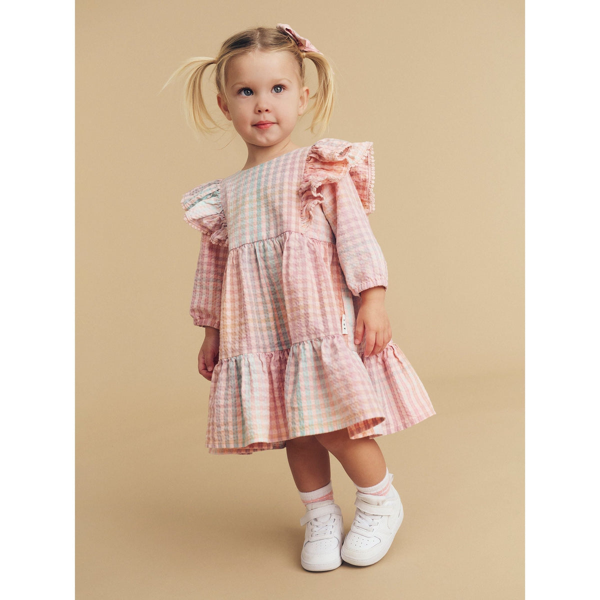 Rainbow Check Frill Long Sleeve Dress