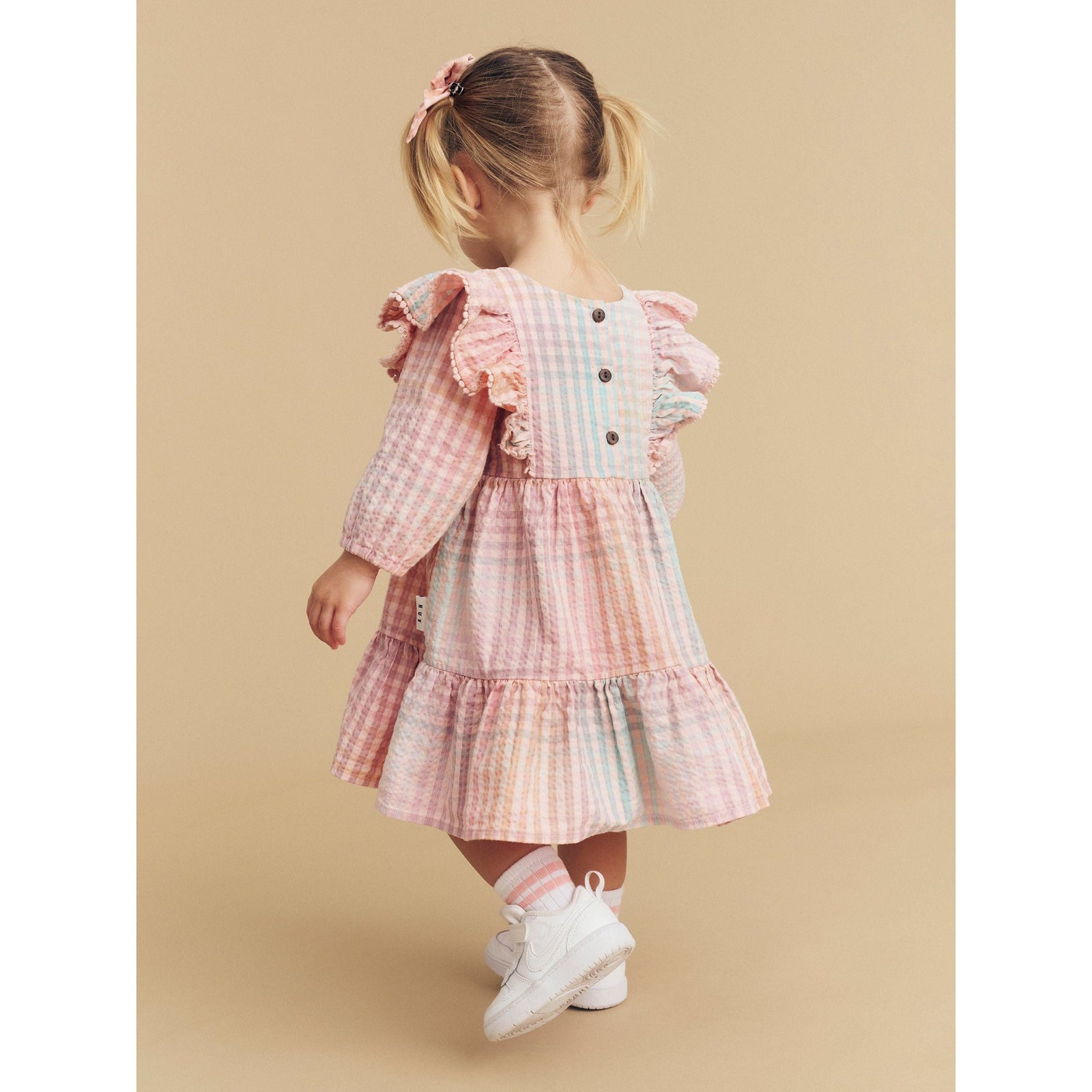 Rainbow Check Frill Long Sleeve Dress