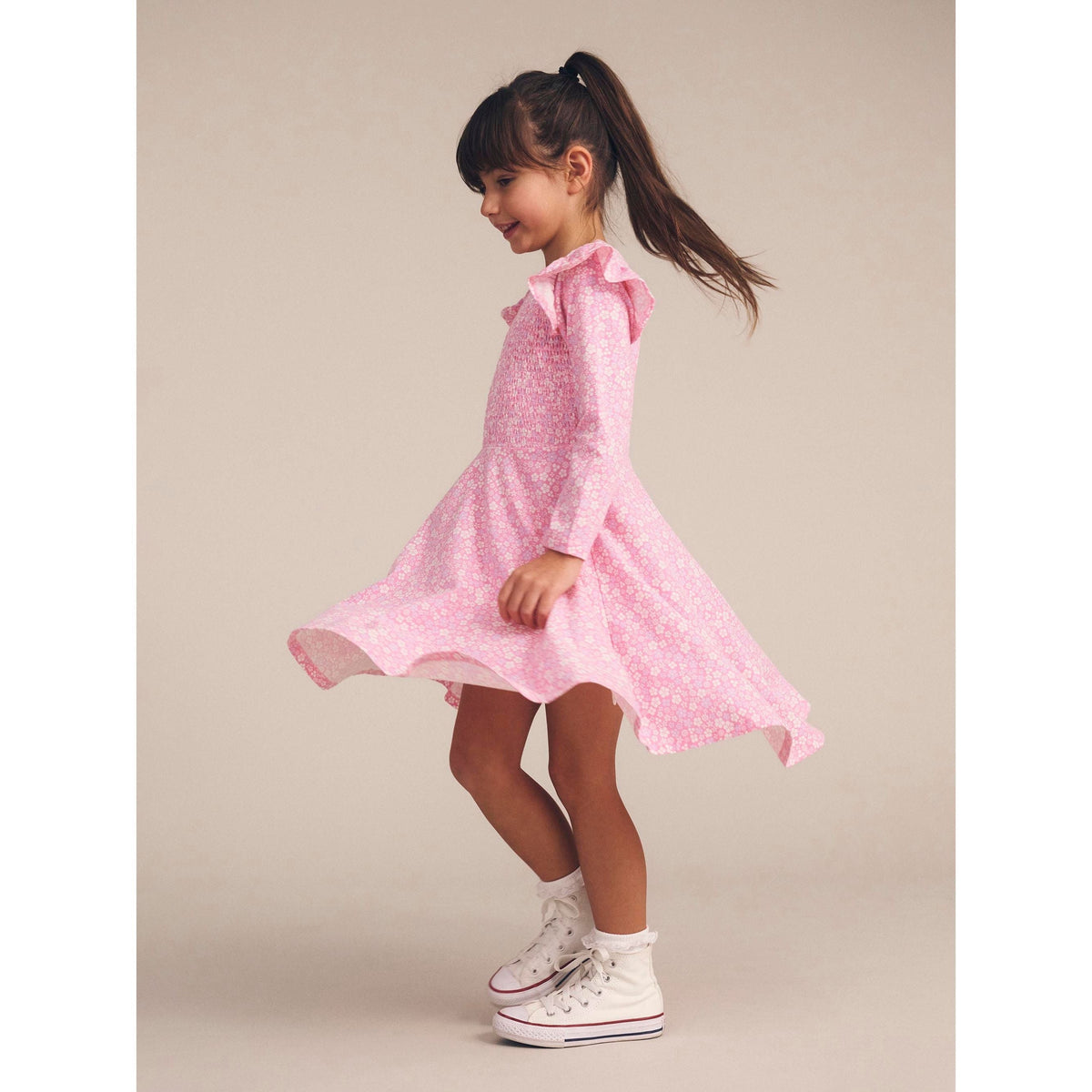 Ditsy Floral Shirred Long Sleeve Dress