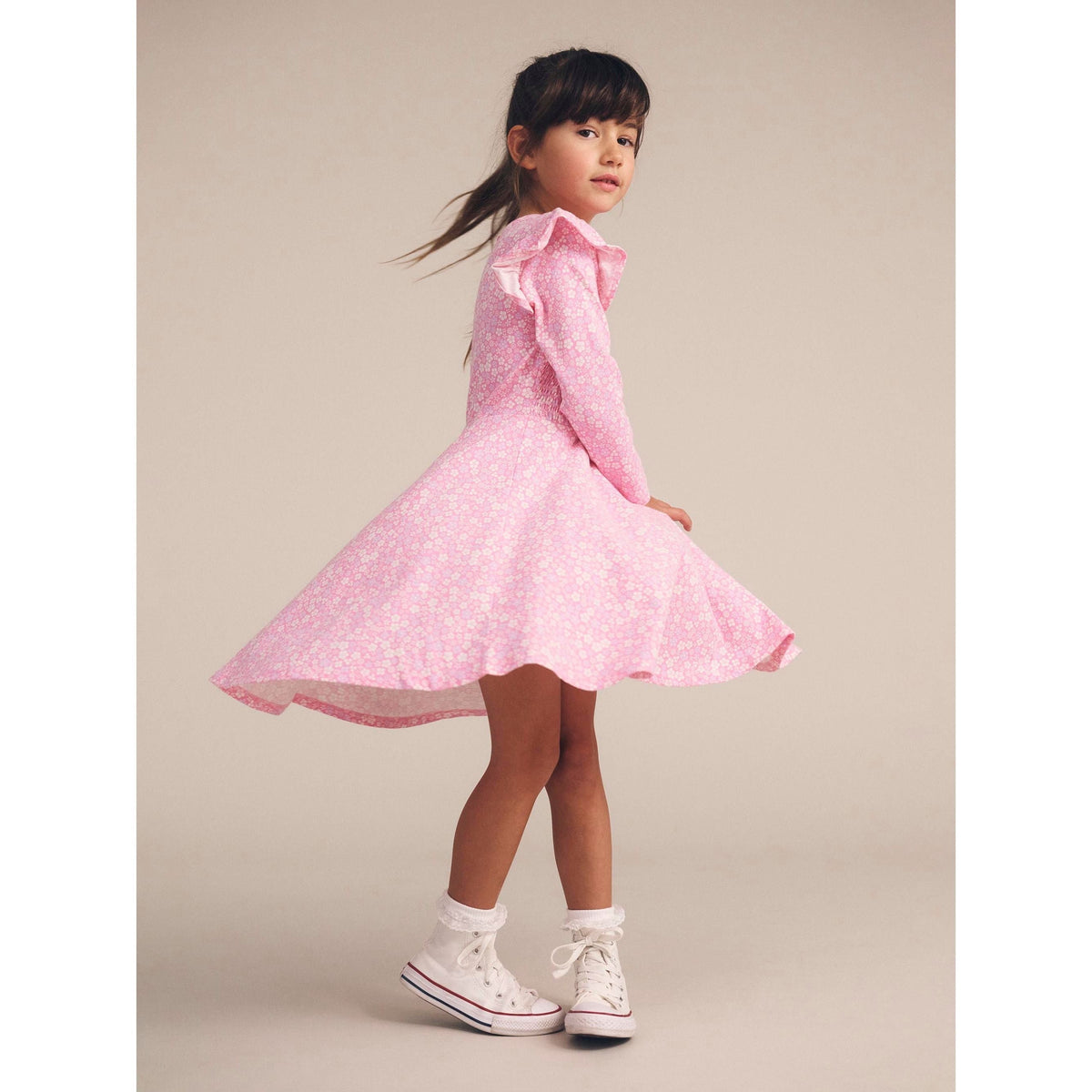 Ditsy Floral Shirred Long Sleeve Dress