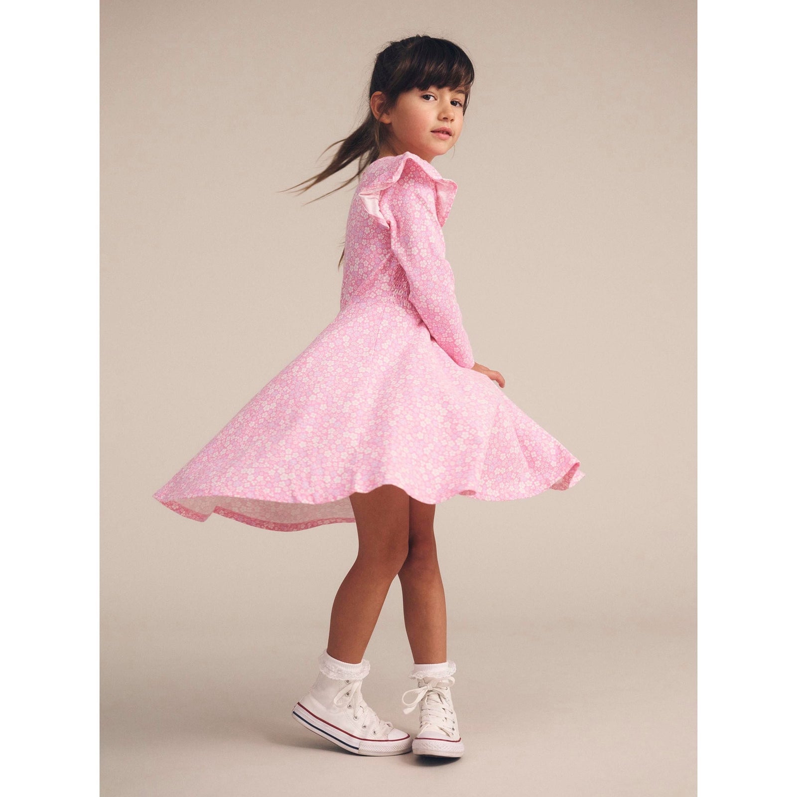 Ditsy Floral Shirred Long Sleeve Dress