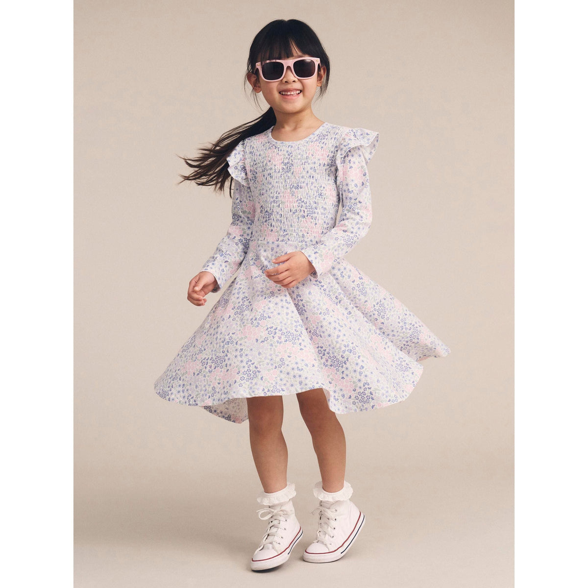 Flower Garden Shirred Long Sleeve Dress