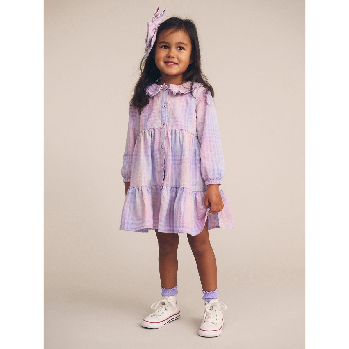 Rainbow Check Long Sleeve Frill Dress